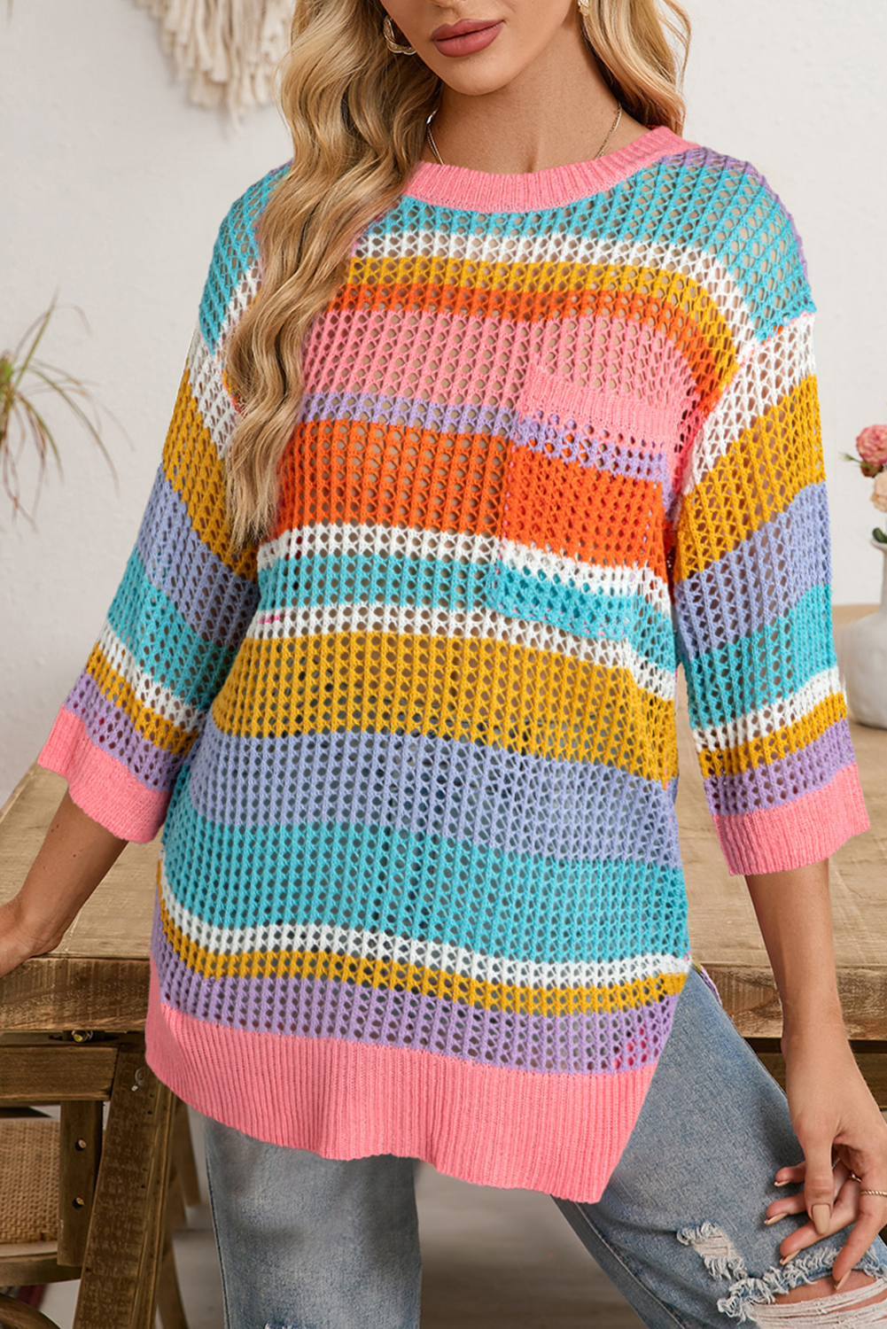 Shewin Wholesale WESTERN Pink Striped Color Block Hollow Crochet 3/4 Sleeve T Shirt