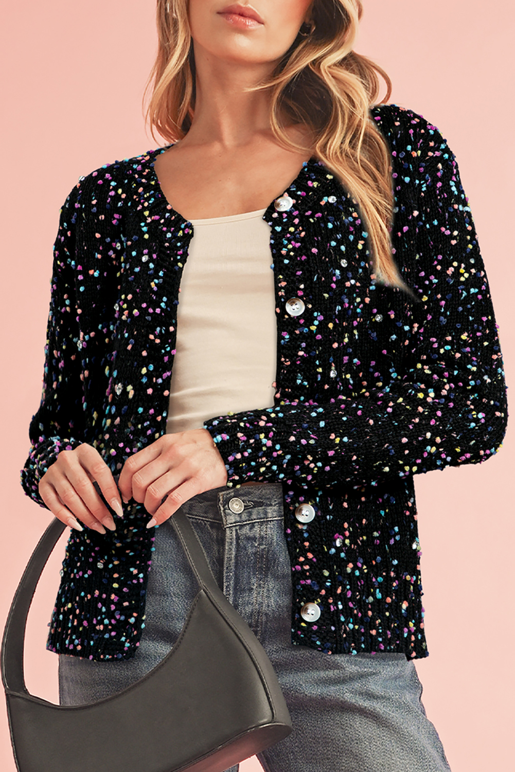 Shewin Wholesale NEW arrival Black Confetti Knit Cropped Cardigan