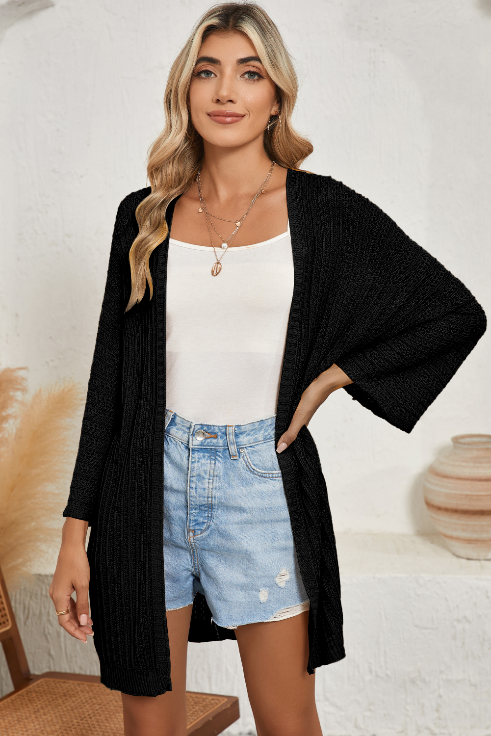 Black Hollow-out BRACELET Sleeve Knit Cardigan