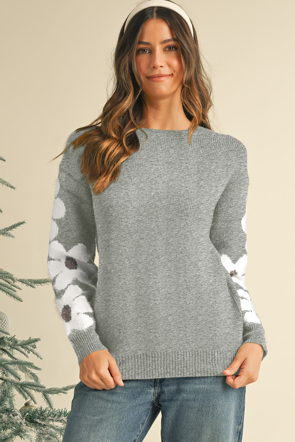 Light Grey FLOWER Sleeve Drop Shoulder Sweater