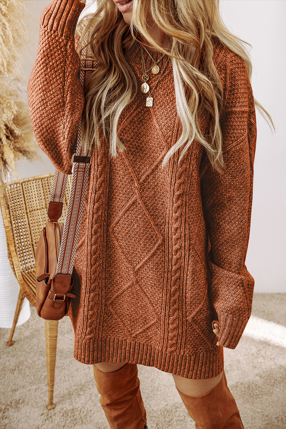 Shewin Wholesale Apparel Coffee Twist Cable Knit Drop Shoulder Loose Fit SWEATER Dress