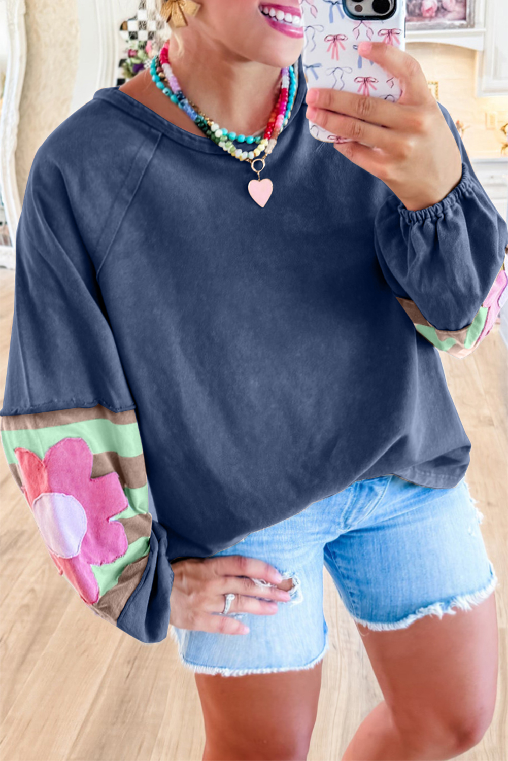 Shewin Wholesale Trendy Sail Blue FLOWER Patchwork Exposed Seam Raglan Sleeve Top