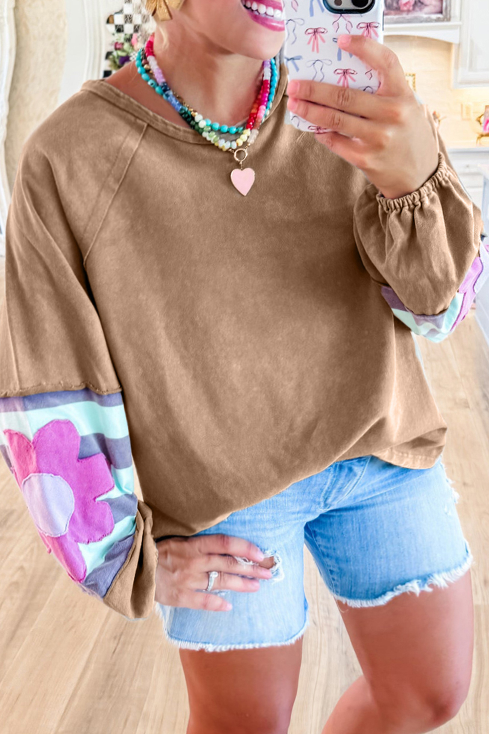 Shewin Wholesale Stores DUNE FLOWER Patchwork Exposed Seam Raglan Sleeve Top