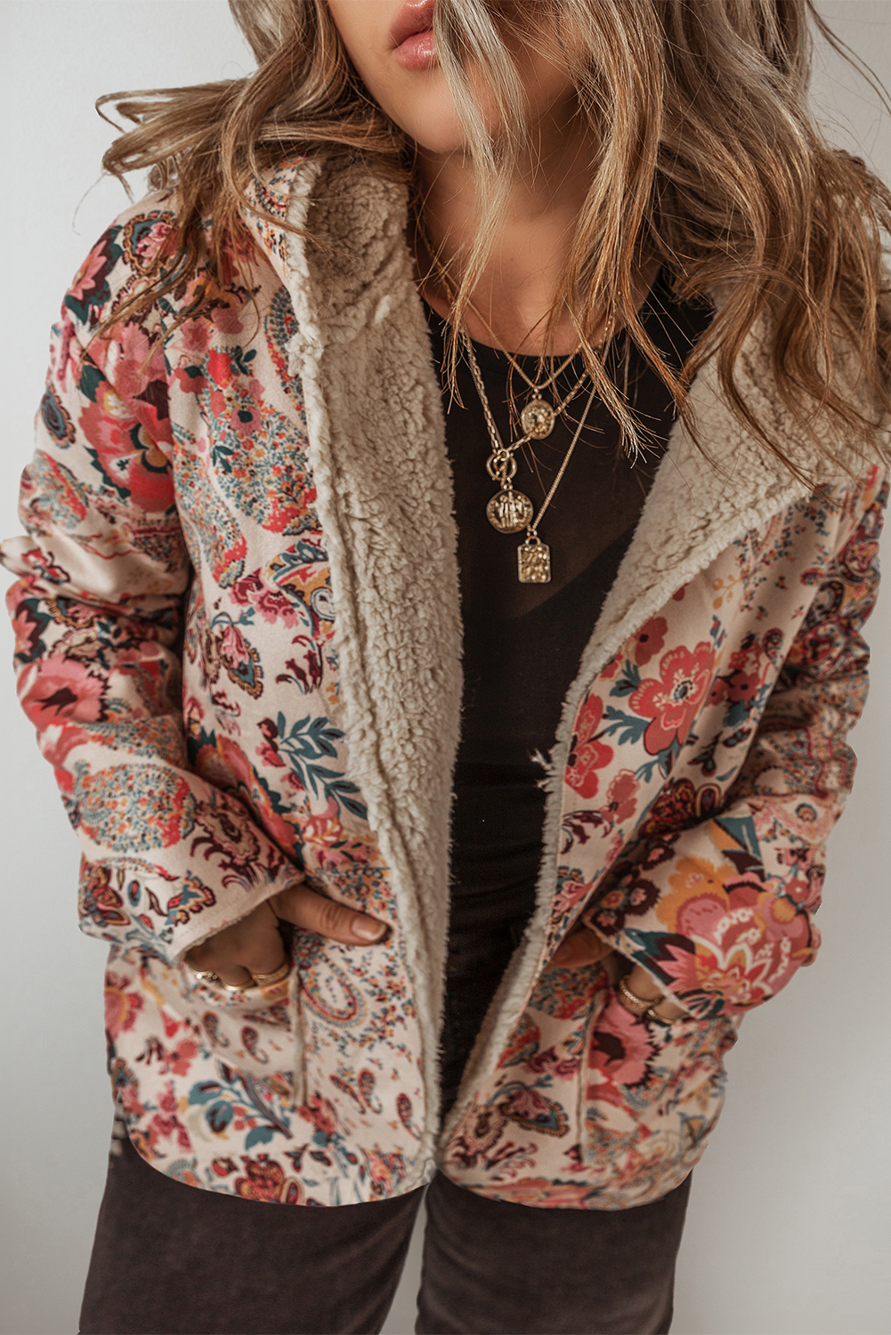 Shewin Wholesale Clothing Beige VINTAGE Paisley Floral Printed Sherpa Lined Hooded Jacket