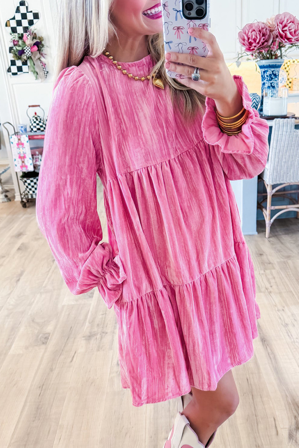 Shewin Wholesale Chic LADY Strawberry Pink Flounce Sleeve Tiered Ruffled Velvet Mini Dress