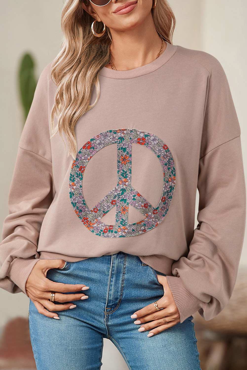 Shewin Dropshipping Goat Floral Peace Symbol Drop SHOULDER Sweatshirt