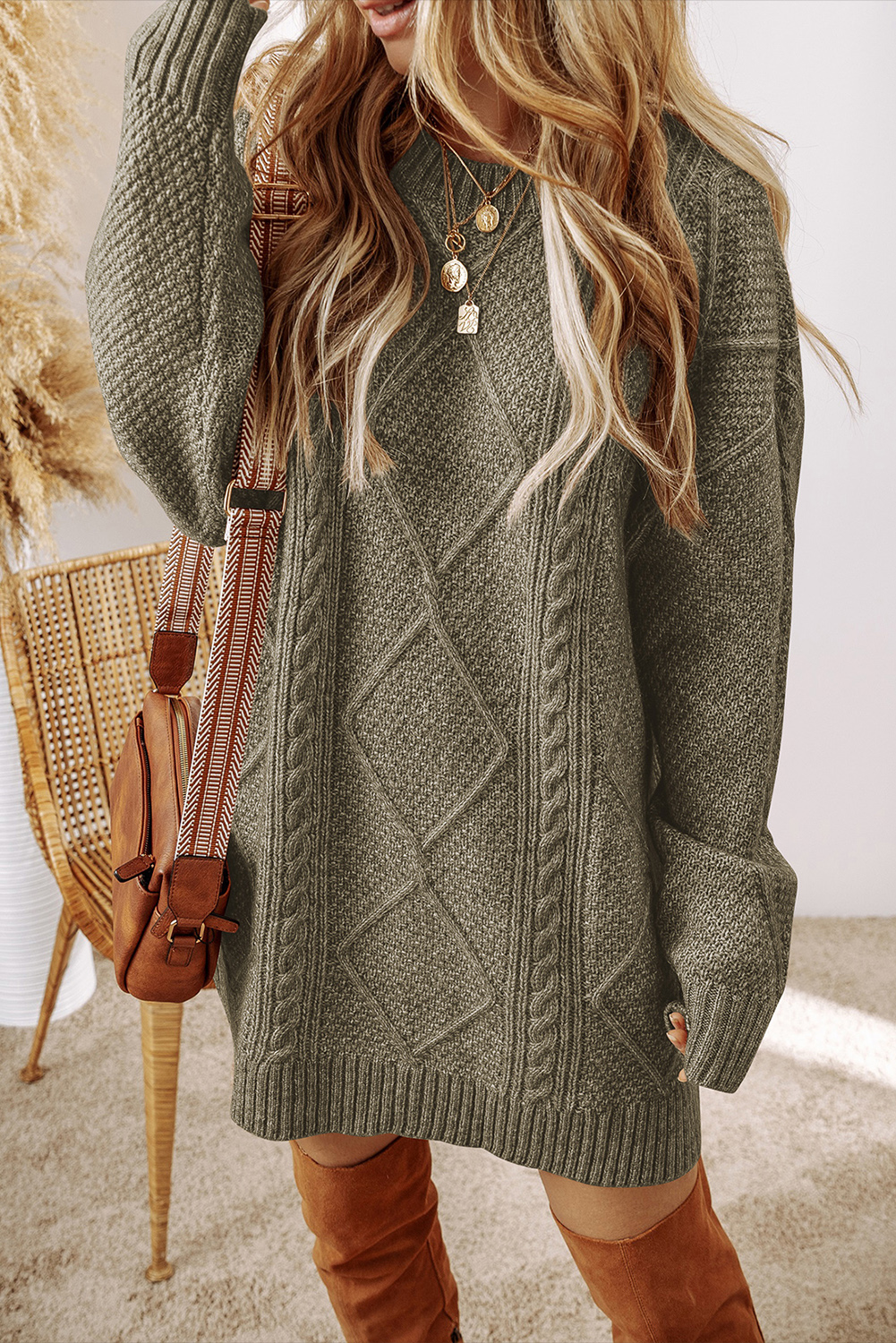 Shewin Wholesale Clothing Mist Green Twist Cable Knit Drop SHOULDER Loose Fit Sweater Dress