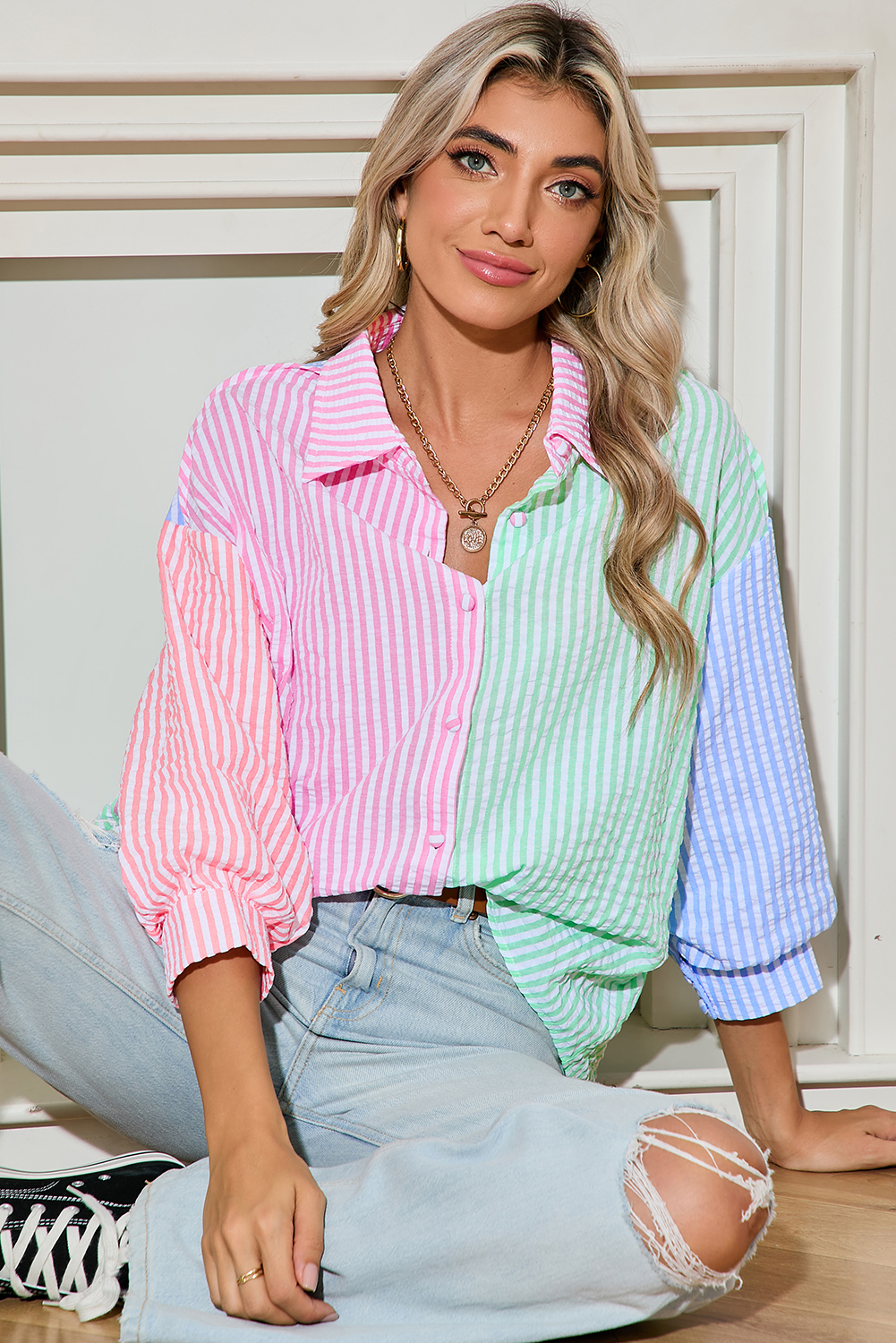 Shewin Wholesale Fashion Pink Stripe Color Block BALLOON Sleeve Button Loose Fit Shirt