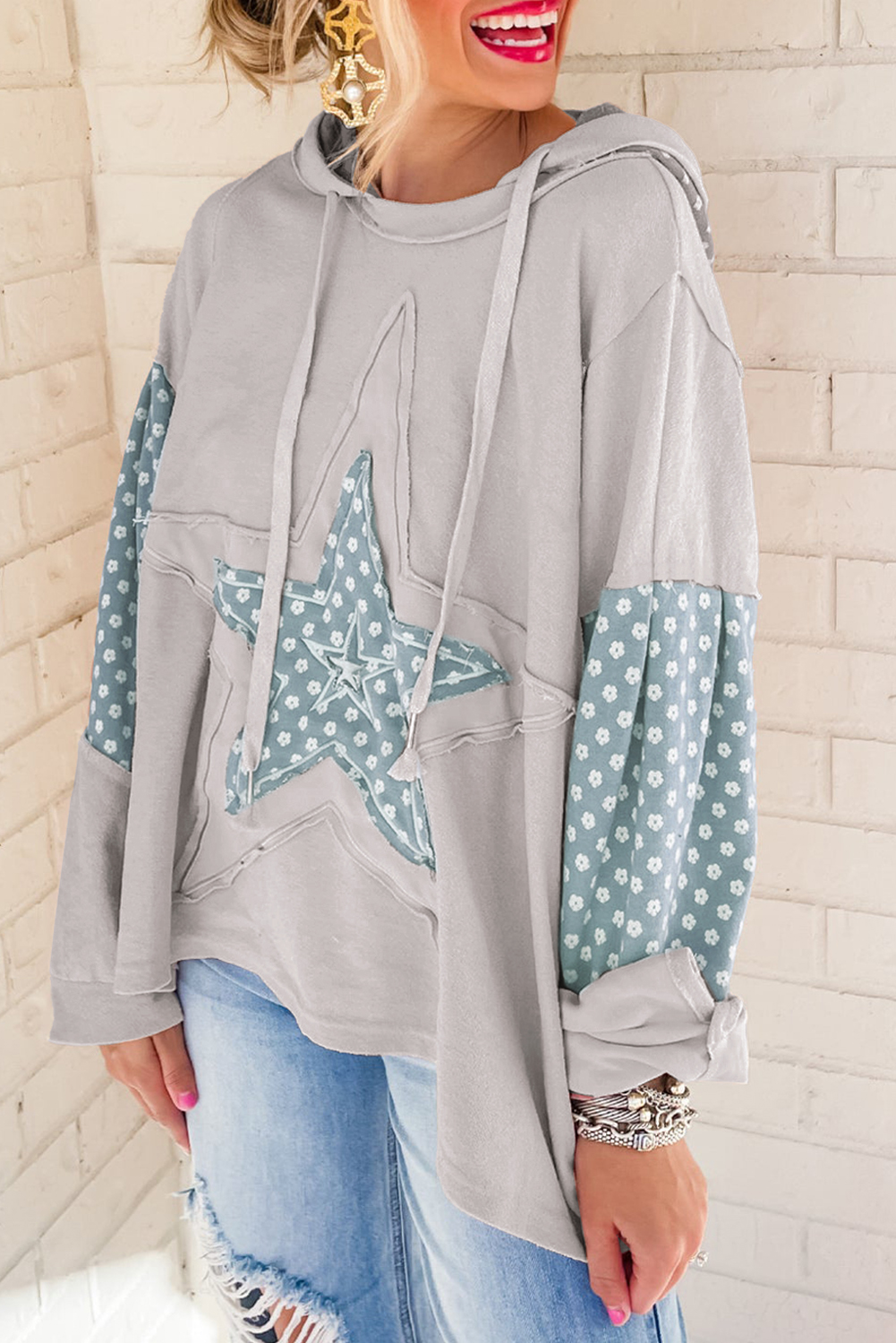 Shewin Wholesale Customized Beau Blue Floral Patchwork Star Pattern Drawstring Hoodie