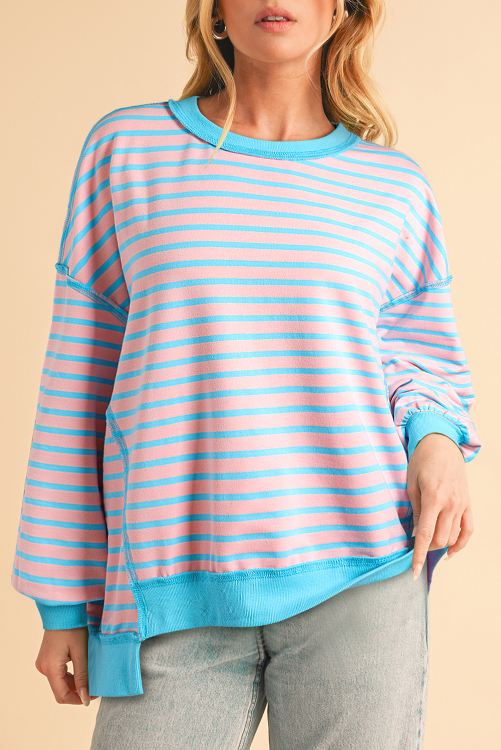 Shewin Wholesale Custom Logo Pink Stripe Contrast Trim High Low Tunic SWEATSHIRT