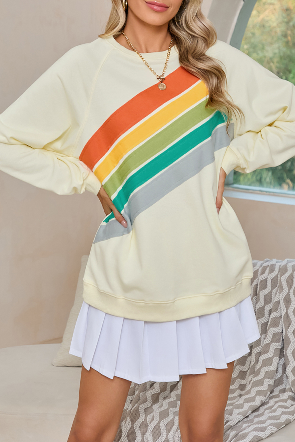 Shewin Dropshipping Apricot Rainbow Colorblock Pullover Sweatshirt