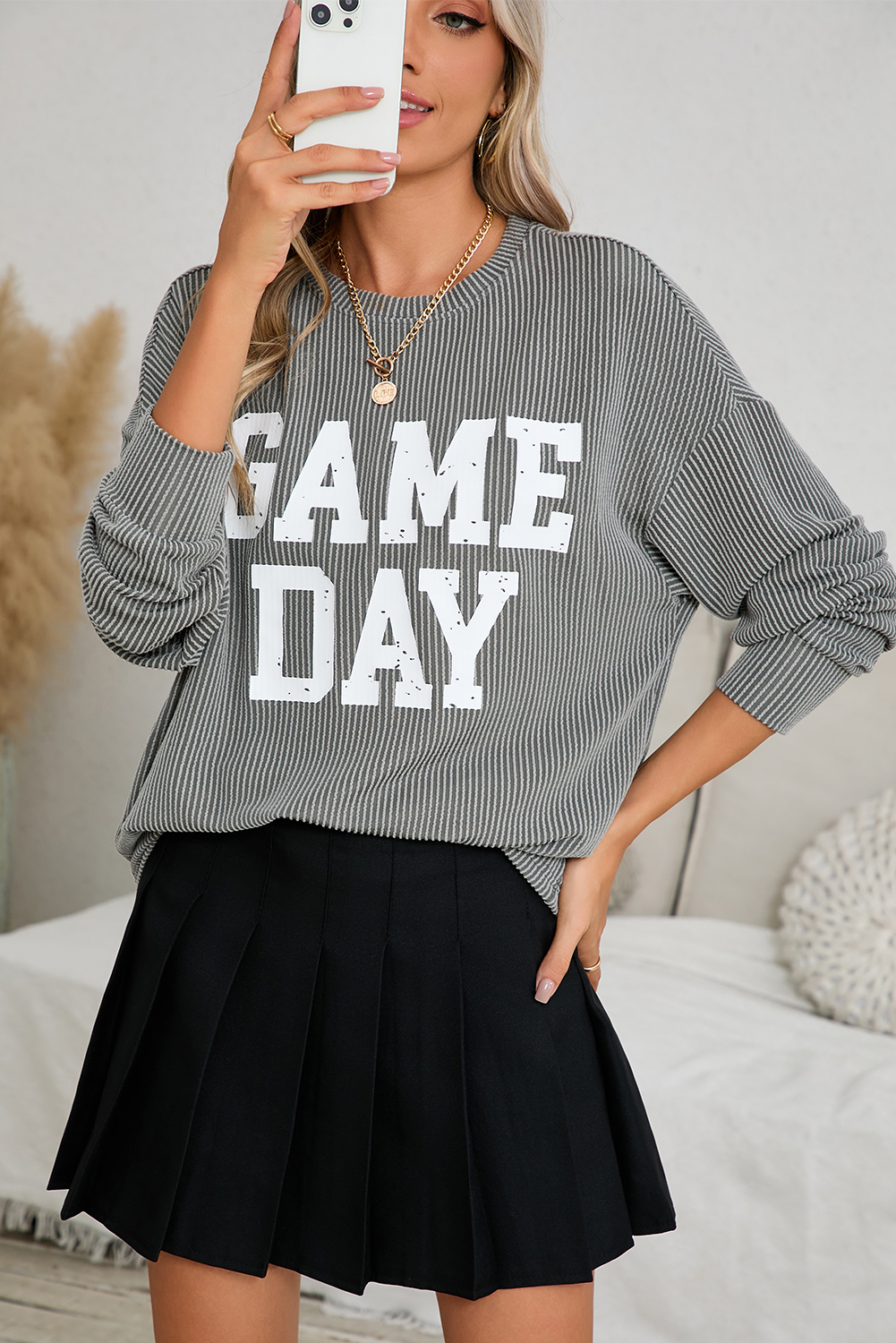 Shewin Dropshippers Dark Grey Corded GAME DAY Graphic Long Sleeve Top