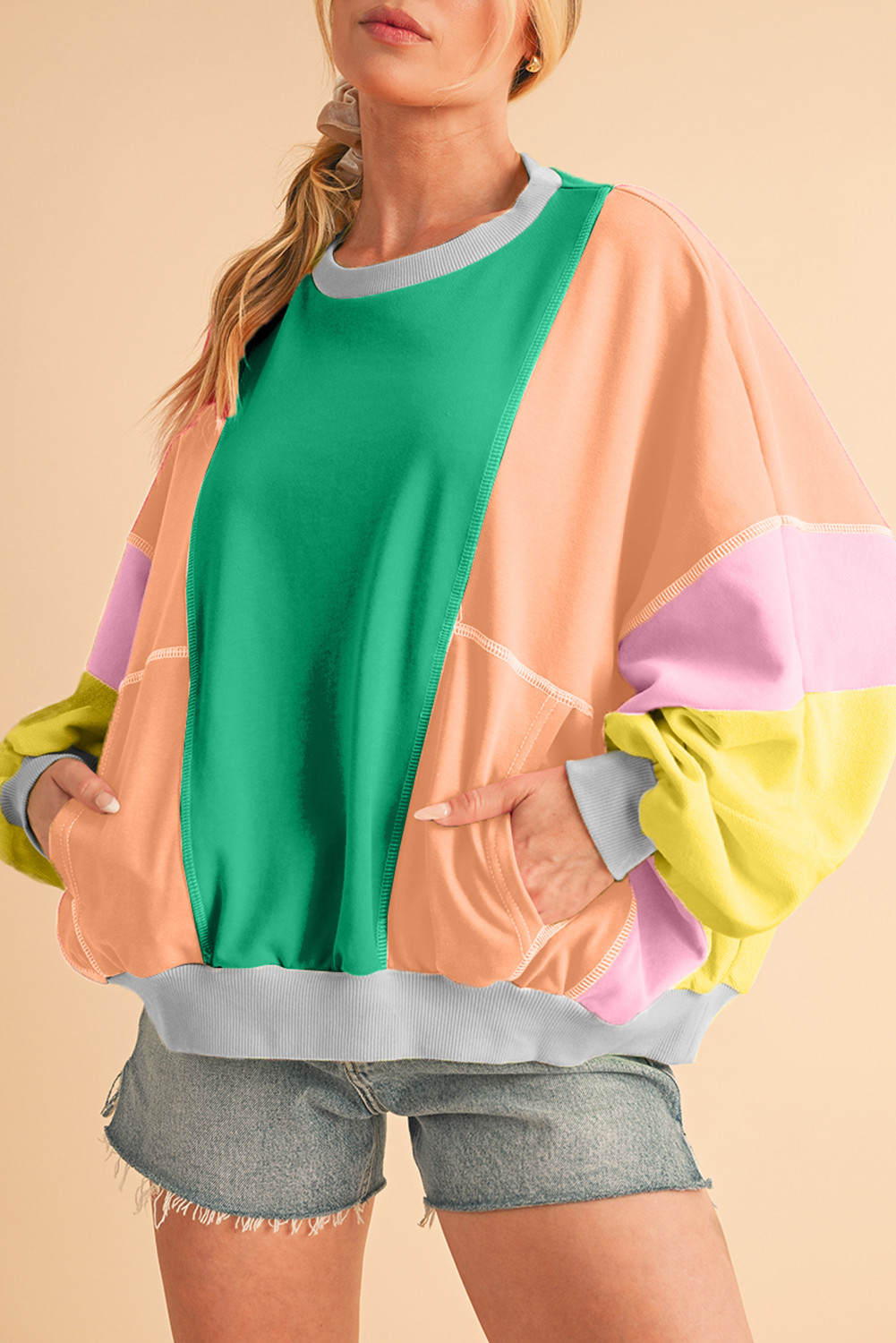Dark Green Colorblock Patchwork Drop Shoulder Top