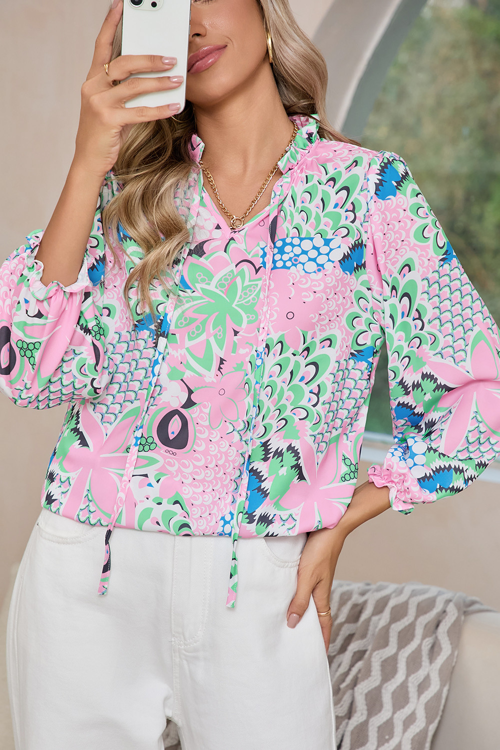 Green Tropical Floral Frill V-Neck Puff Sleeve Blouse