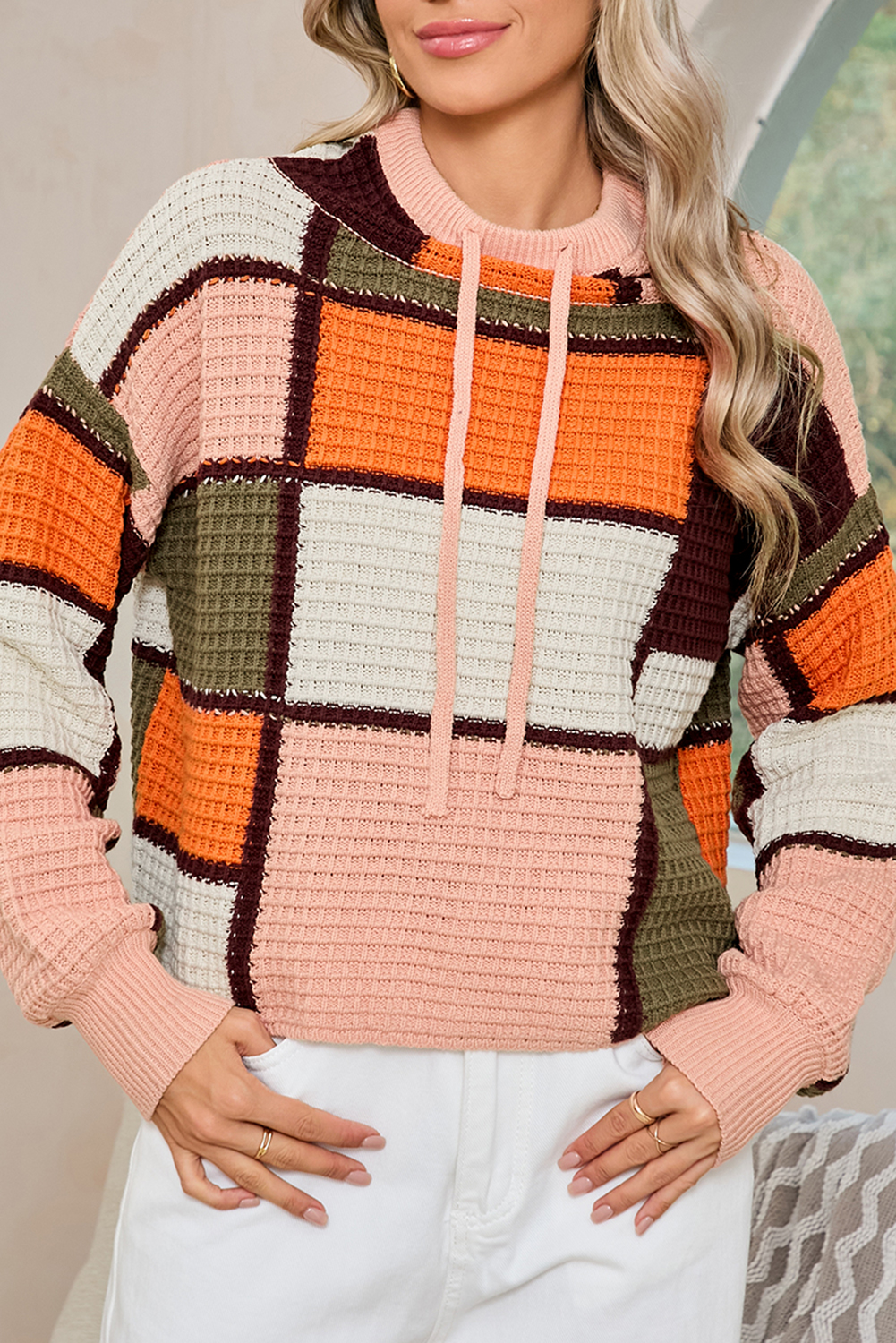 Shewin Wholesale CHIC Women Orange Color Block Waffle Knit Drawstring Mock Neck Sweater