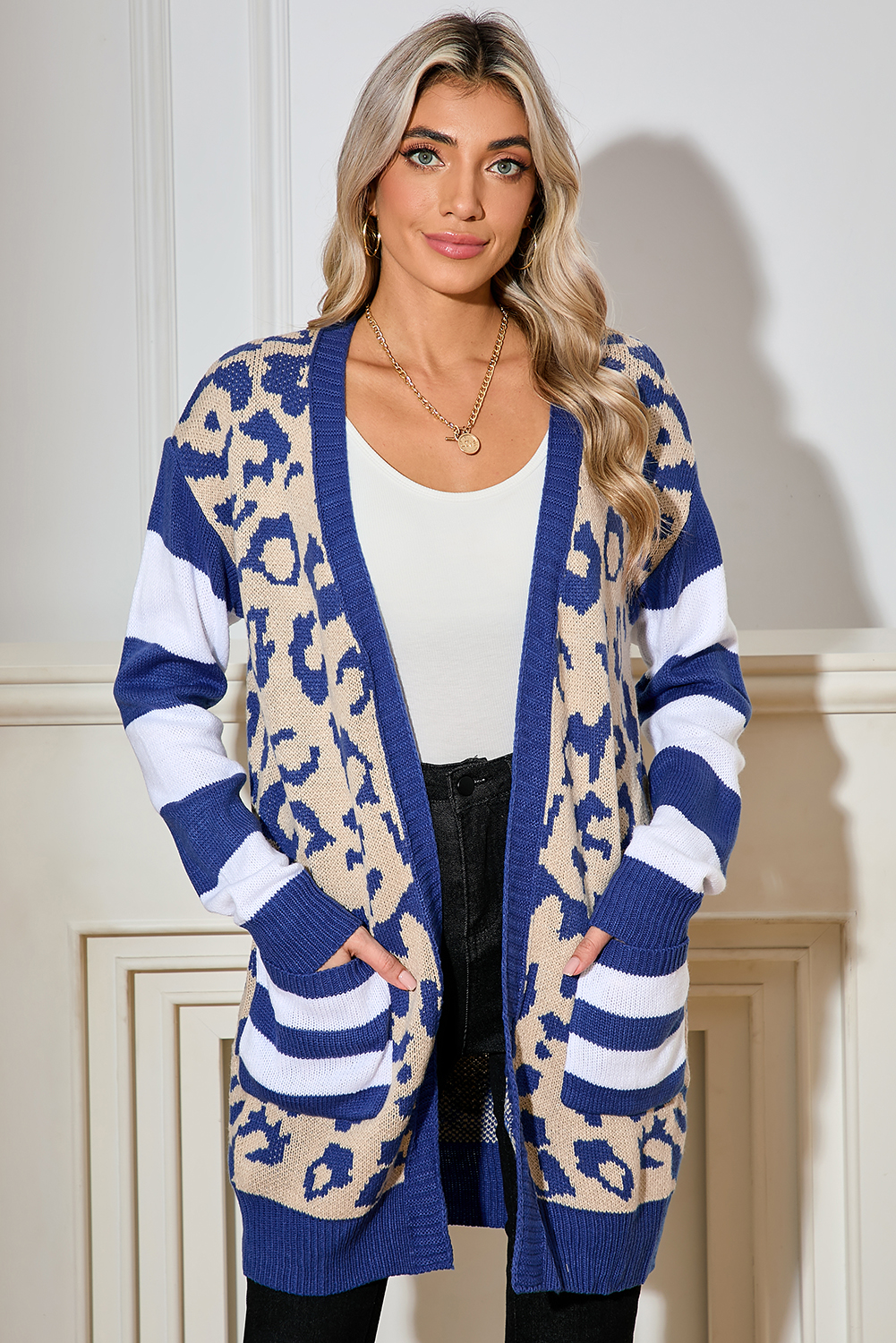 Shewin Wholesale WESTERN Dark Blue Stripe Sleeve Leopard Print Cardigan