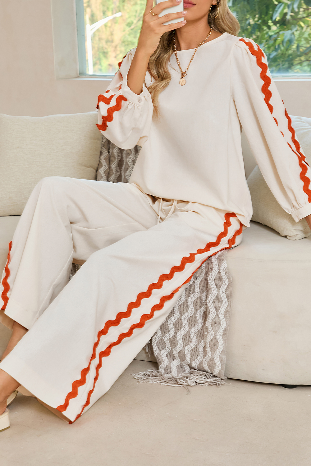 Shewin Wholesale Distributor White Ric Rac Trim Long Sleeve Top and Wide Leg PANTS Set