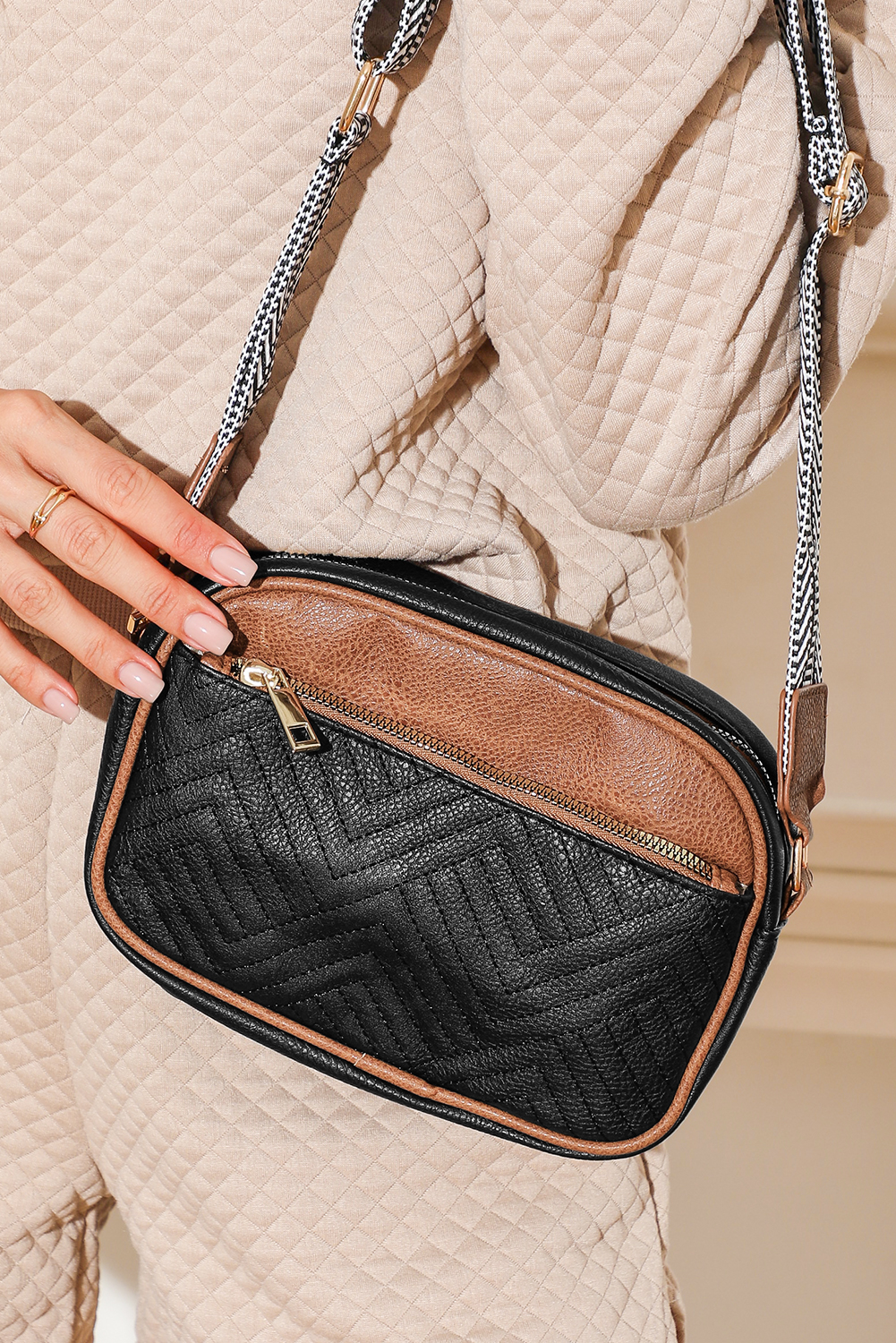 Black Quilted Faux LEATHER Crossbody Bag