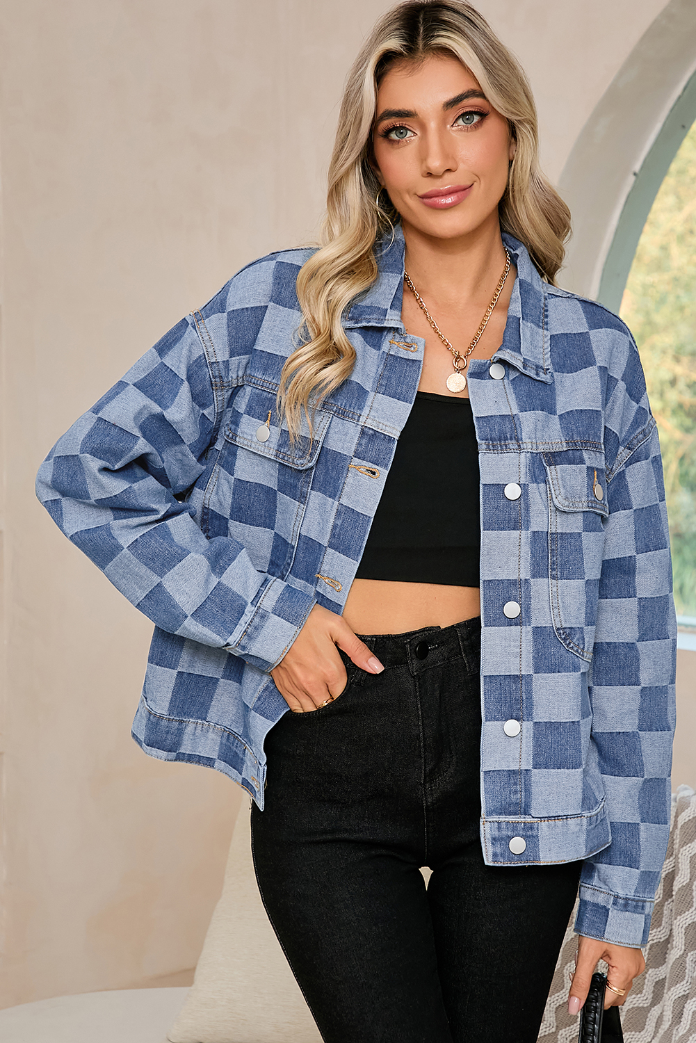 Light Blue Checkered Patchwork Button Up Denim JACKET