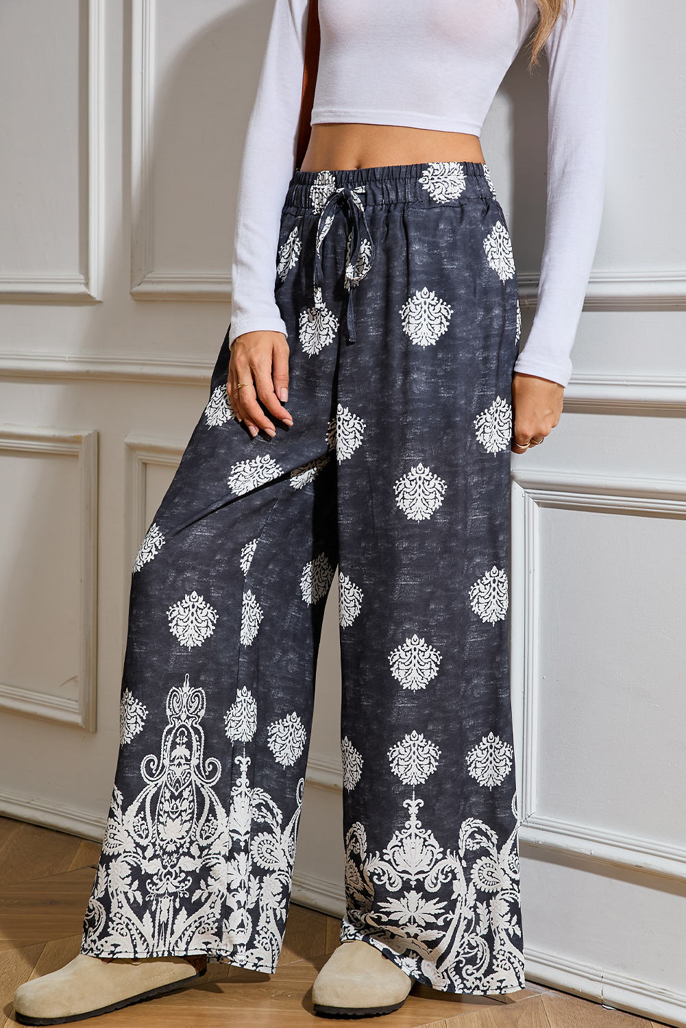 Shewin Wholesale Bulk Black Bohemian Print Drawstring Waist Wide Leg PANTS