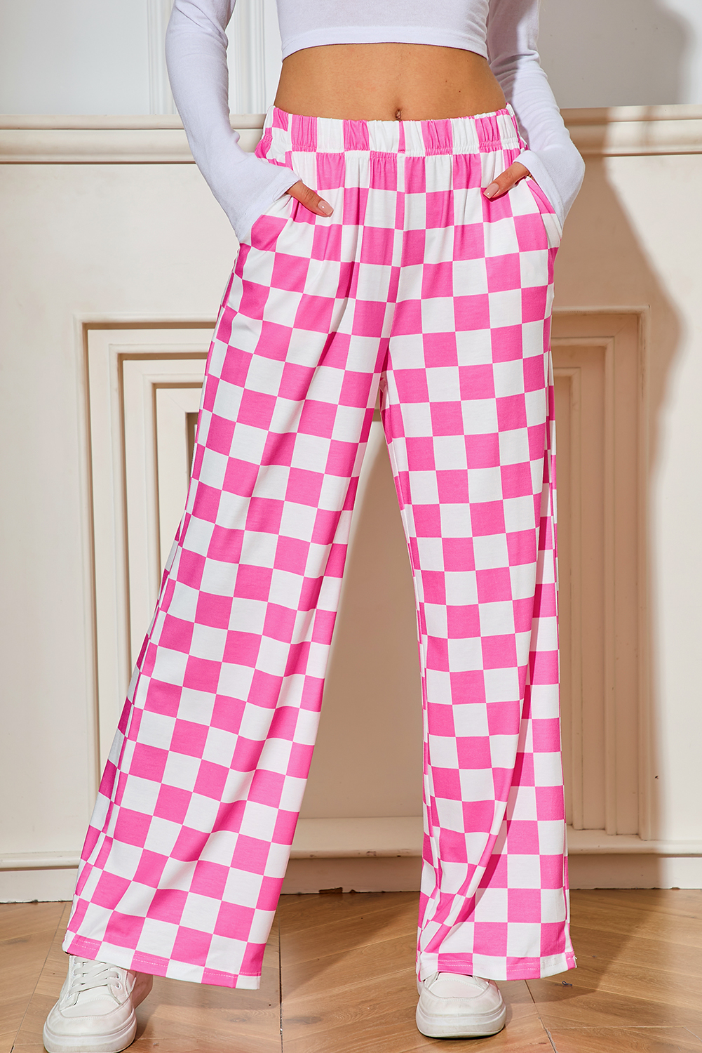 Bonbon Checkered Print High Waist Wide Leg PANTS