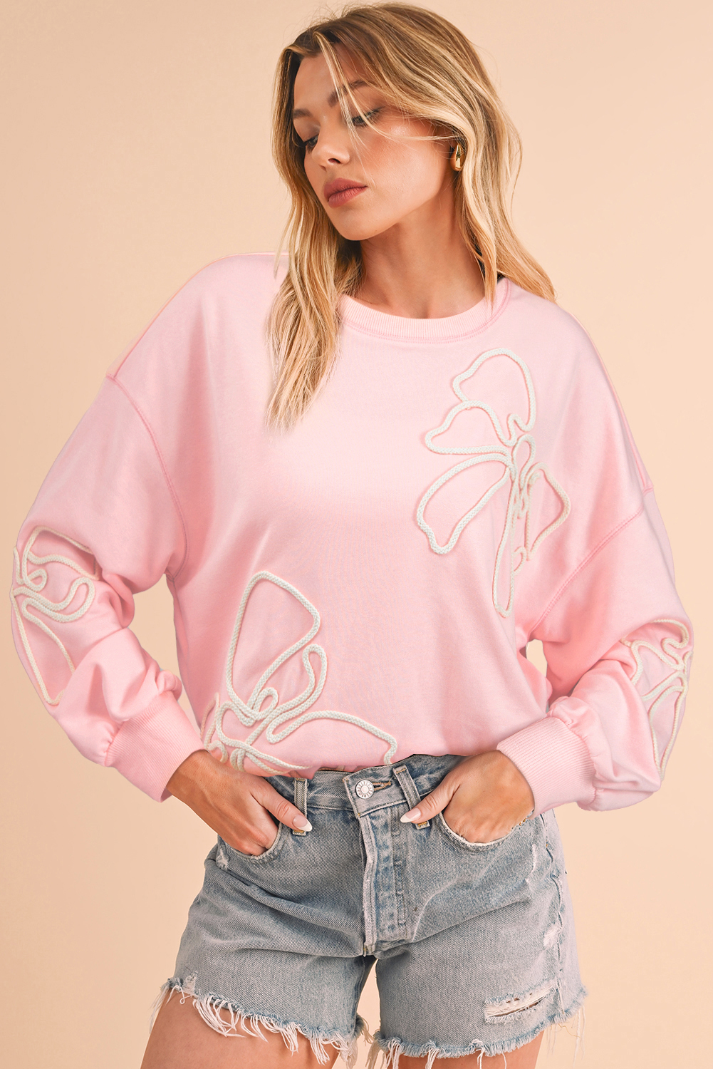 Light Pink FLOWER Pattern Drop Shoulder Loose Sweatshirt