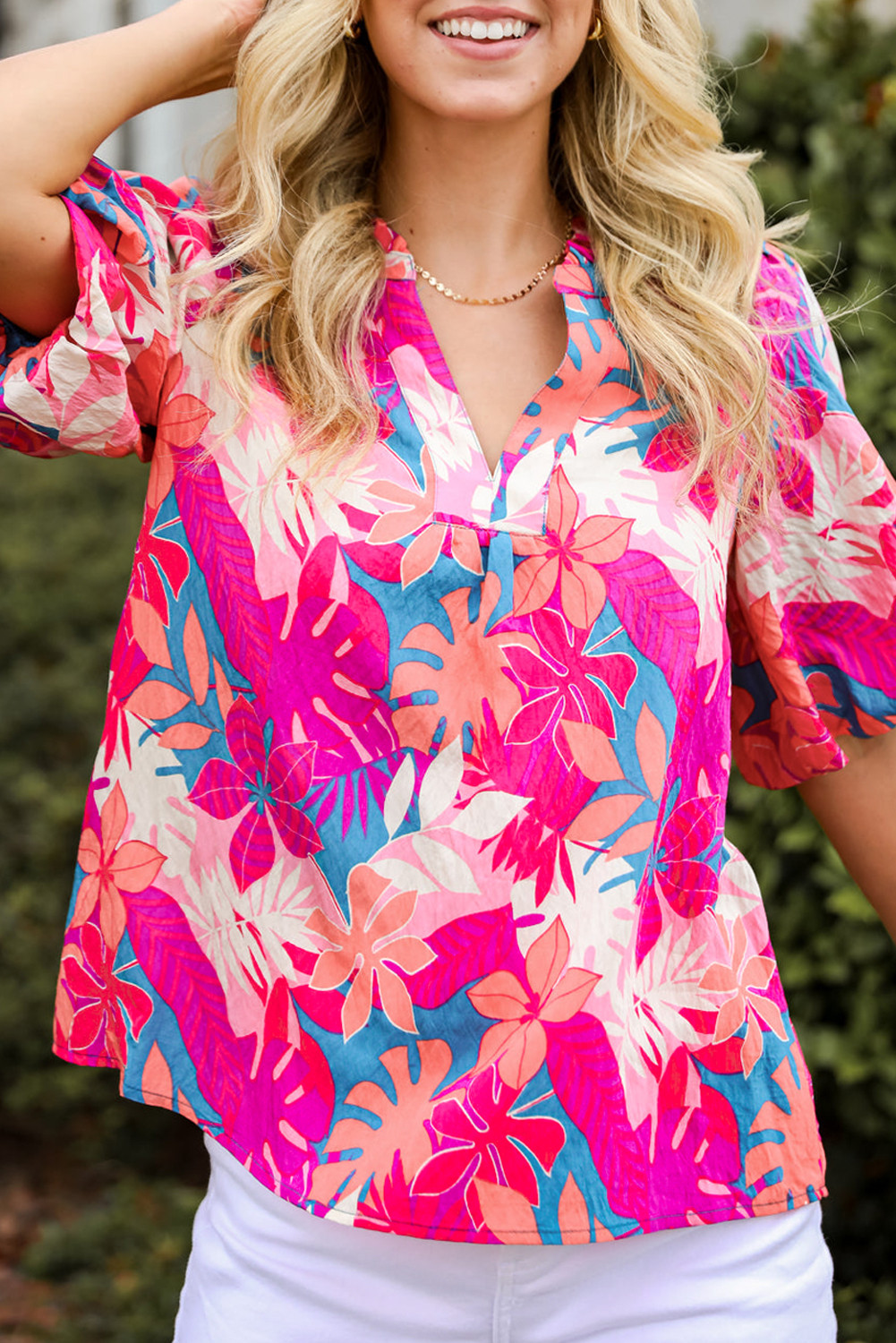 Rose Tropical Print Frill V Neck Puff Sleeve Blouse