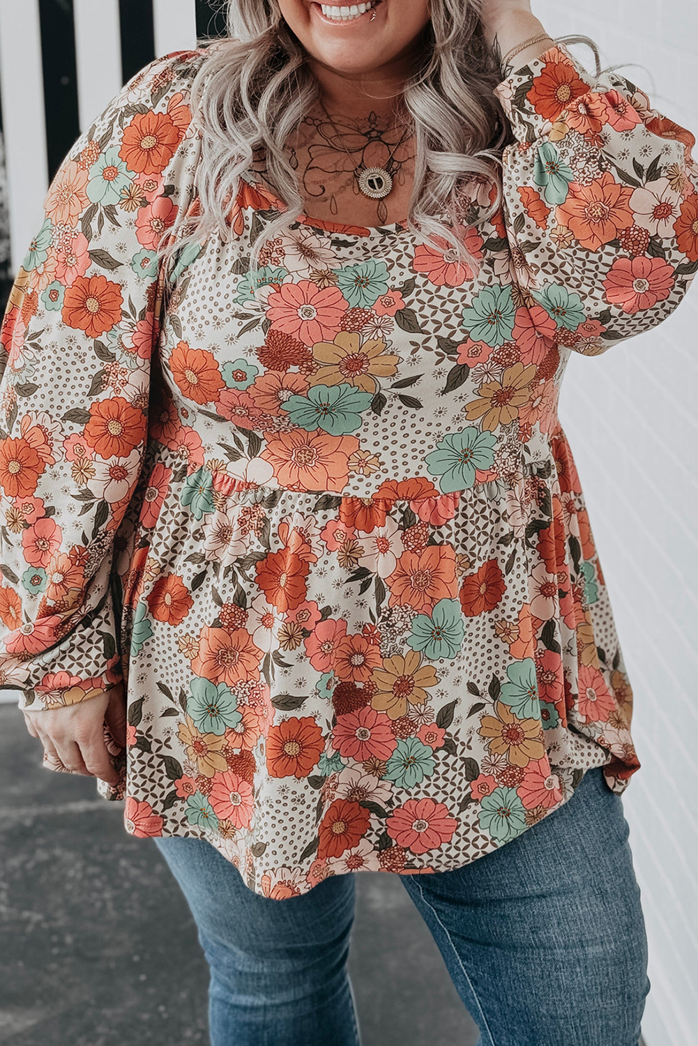 Khaki Plus Size FLOWER Print Square Neck Peplum Blouse