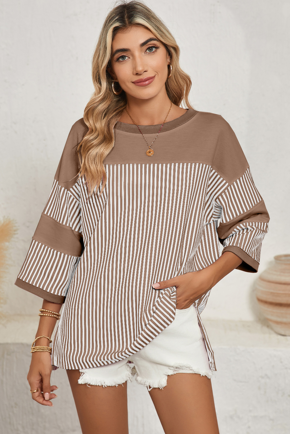 Shewin Dropshipping Dark Khaki Striped Patchwork Oversized Tee