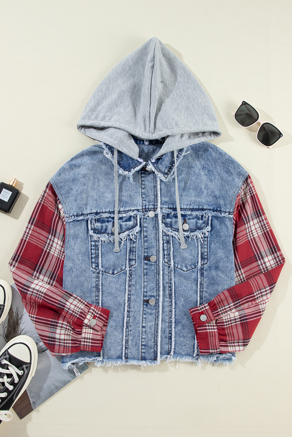 Beau Blue Plaid Print Patchwork Hooded Raw Hem Denim JACKET