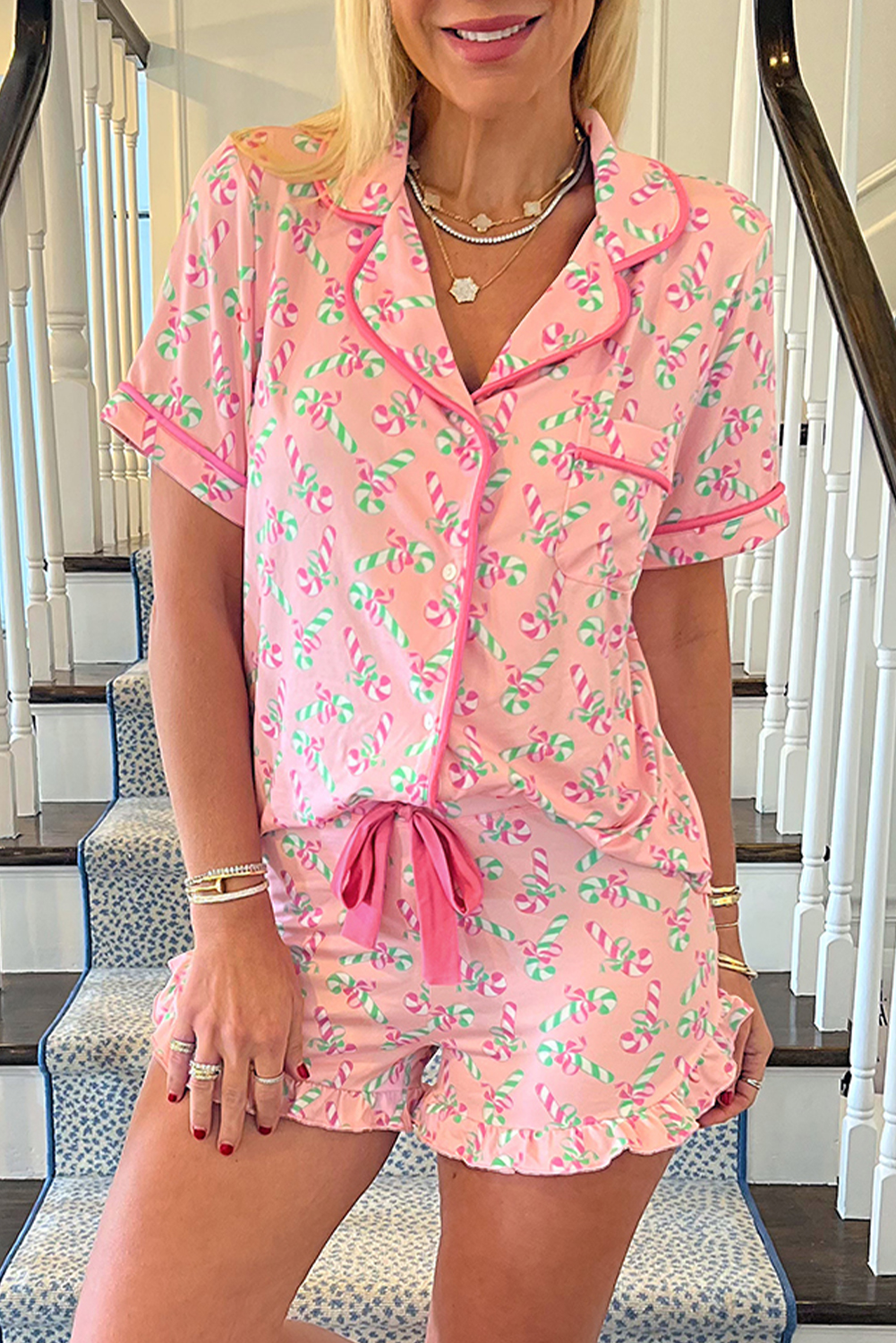 Shewin Wholesale High Quality Pink Christmas CANDY Cane Print Knotted Pajama Set