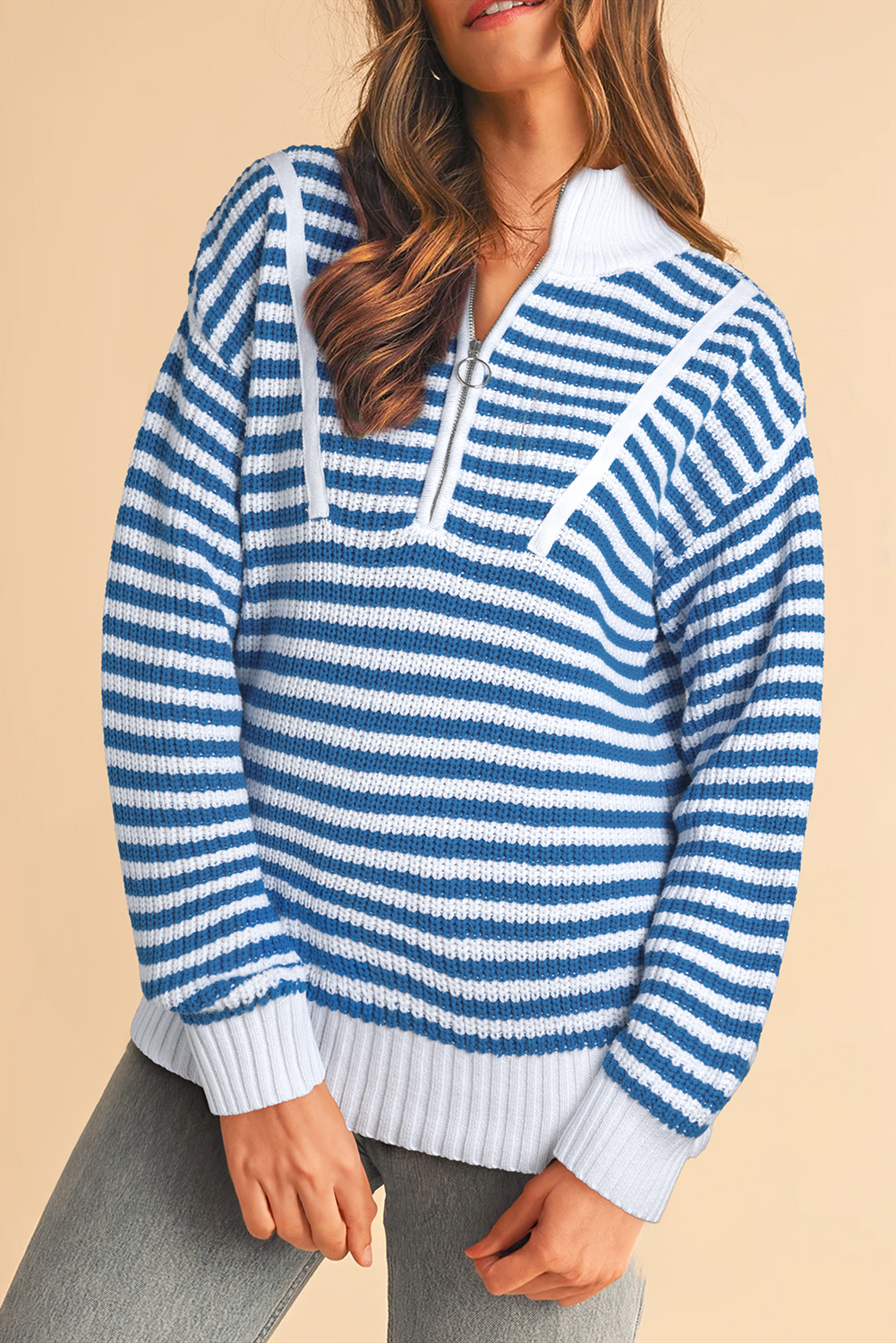 Shewin Wholesale Boutique Sky Blue Stripe Zip up Collar Drop Sleeve SWEATER