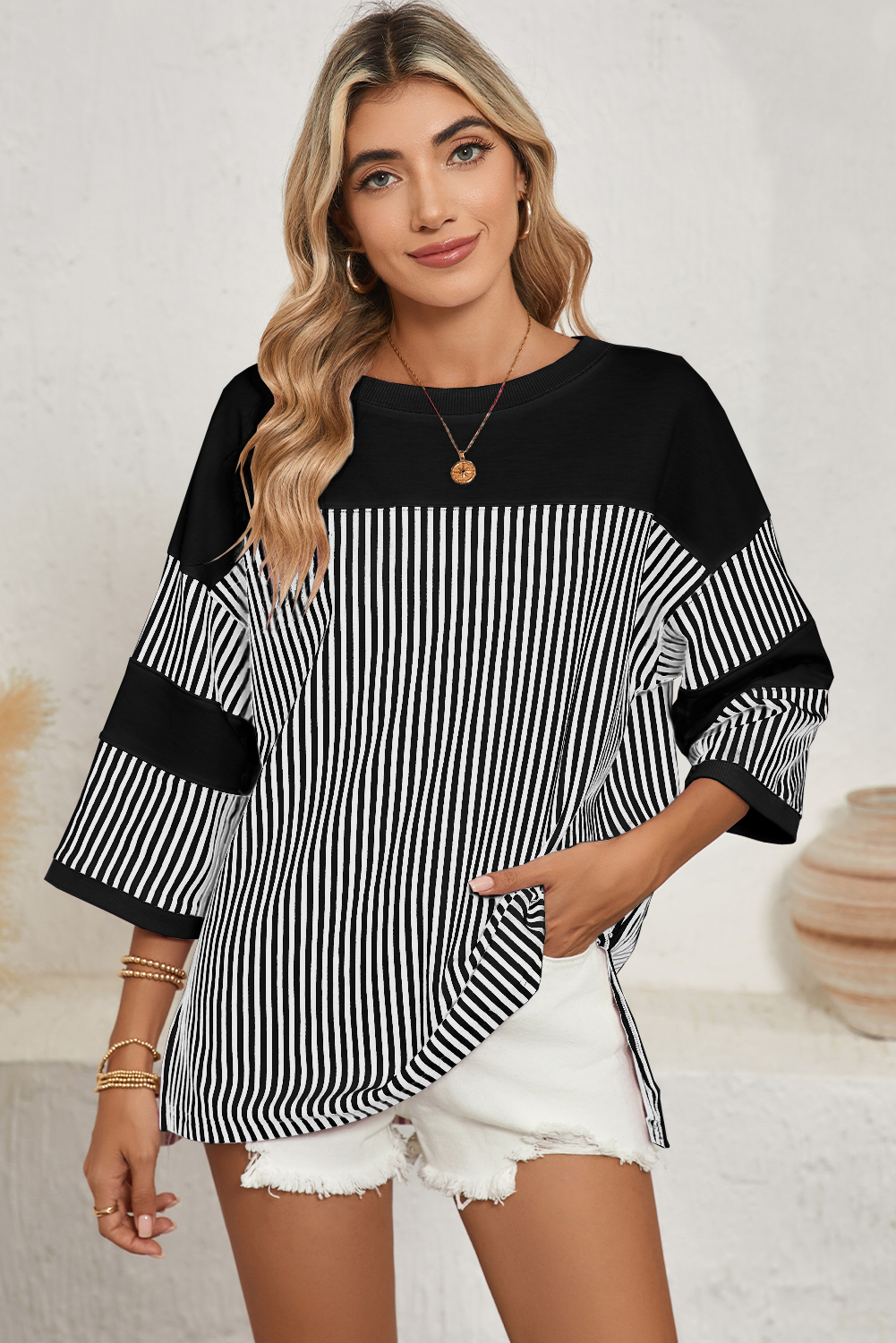Shewin Wholesale Clothes BLACK & White Striped Patchwork Oversized Tee