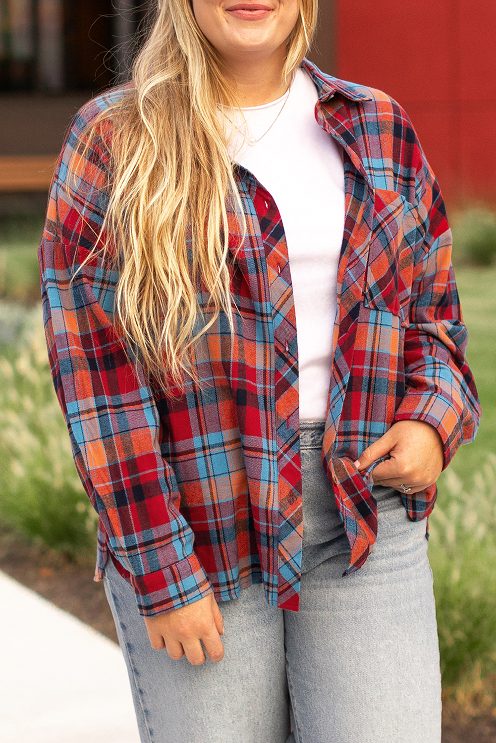 Shewin Wholesale Fall RED Plus Size Plaid Print Buttoned Shirt