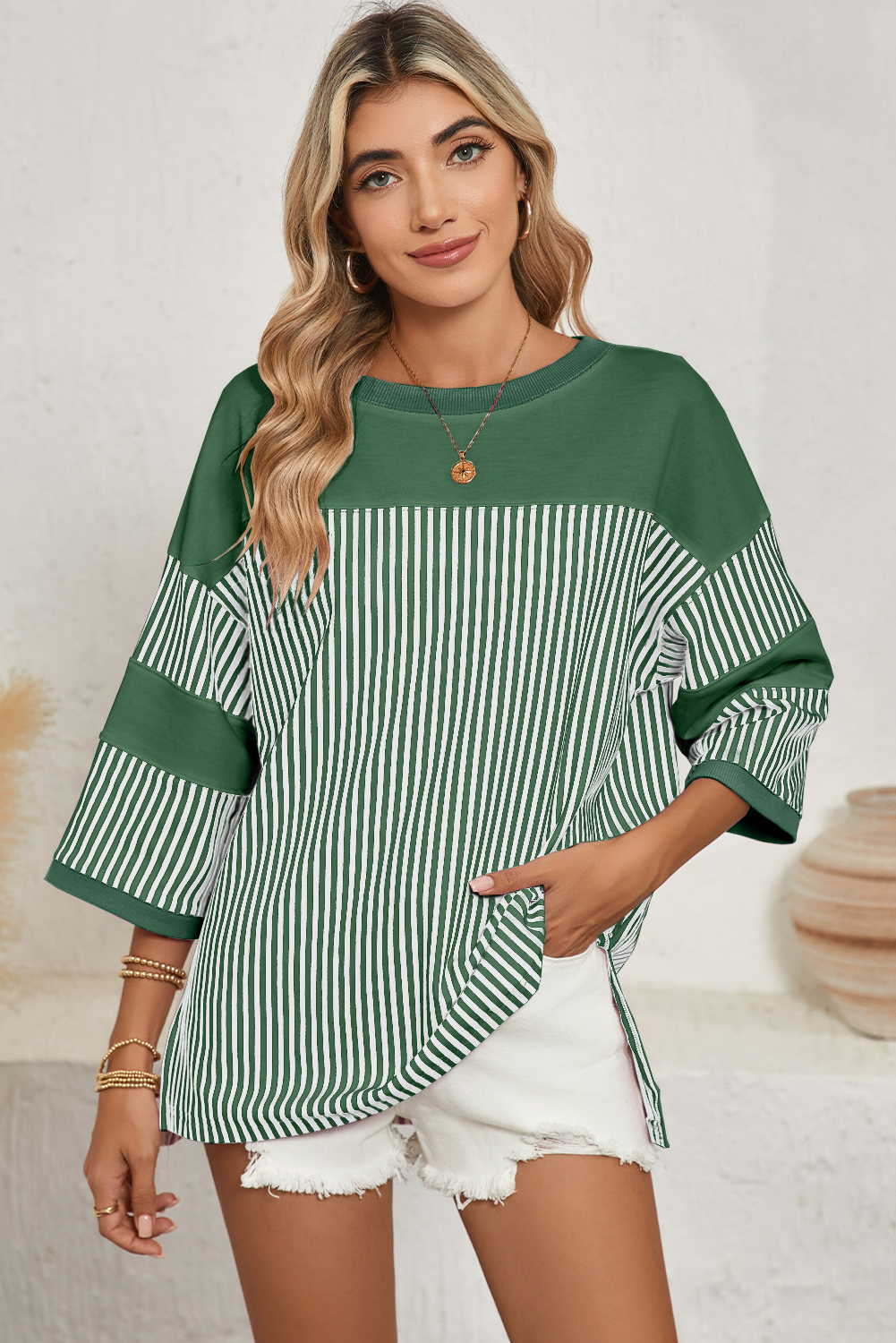 Shewin Dropshippers Mist Green Striped Patchwork Oversized Tee