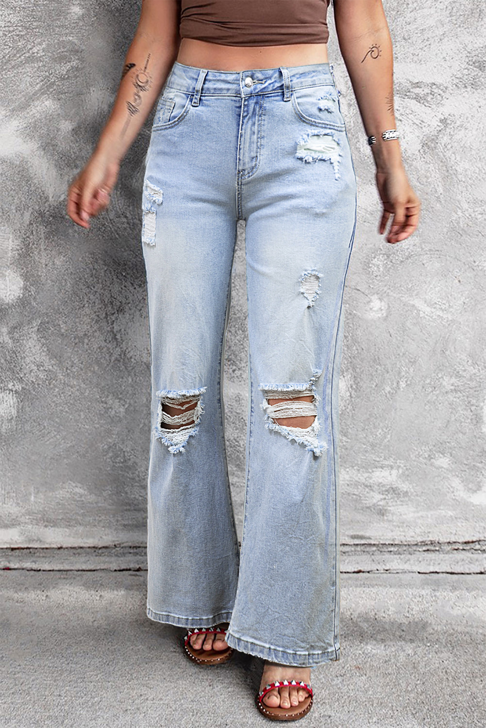 Shewin Wholesale Fashion Beau Blue VINTAGE Light Wash Distressed Flare Jeans