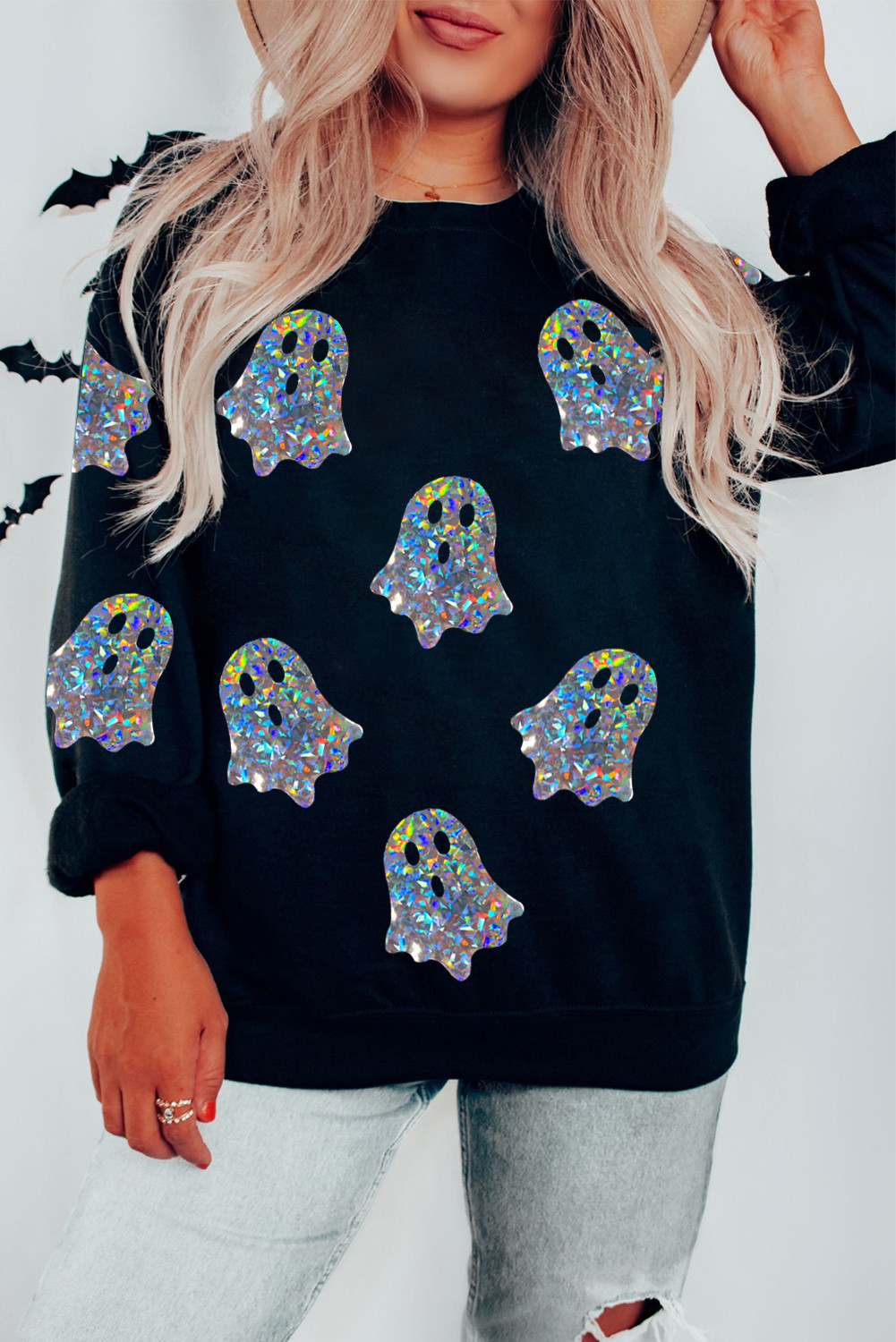 Black Sequin Ghost Graphic Halloween Sweatshirt
