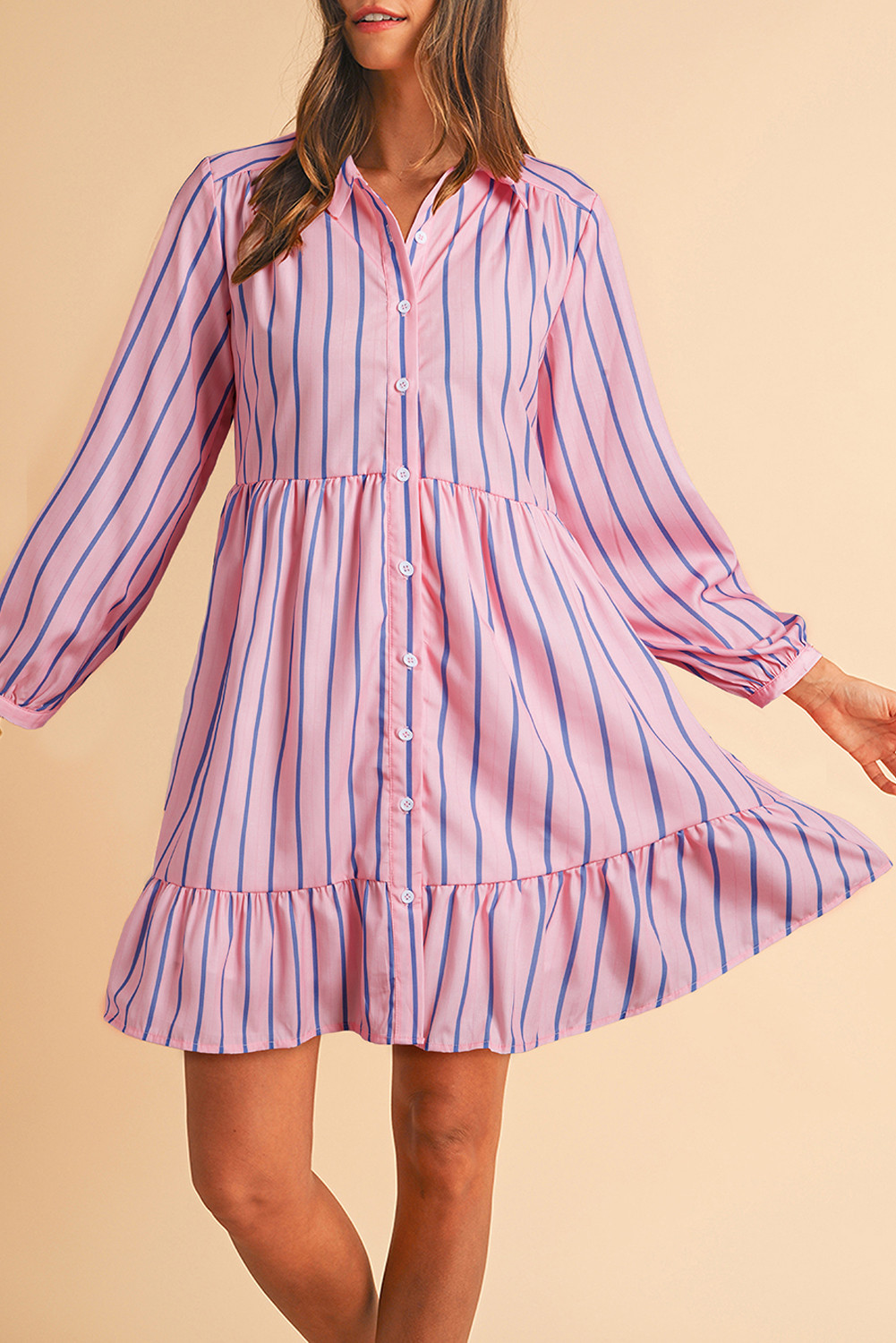 Pink Striped Button-up Mini Shirt Dress