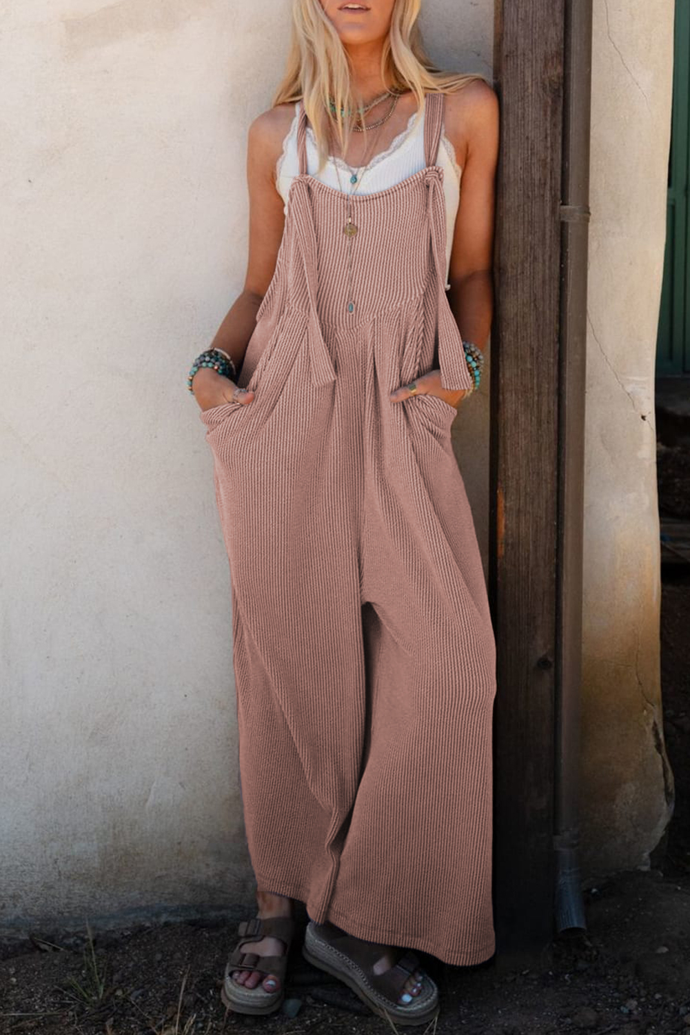 Shewin Wholesale Chic LADY Dune Corded Solid Adjustable Straps Wide Leg Loose Jumpsuit