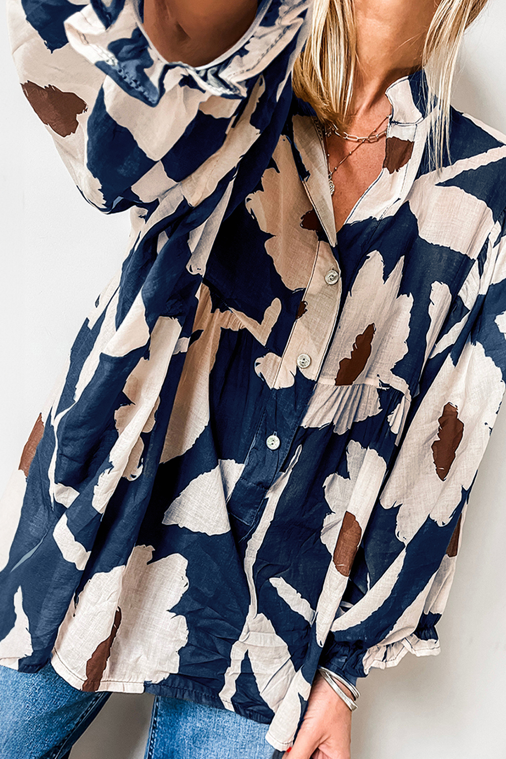 Shewin Wholesale Elegant Sail Blue 60s FLOWER Frill Neck Loose Blouse