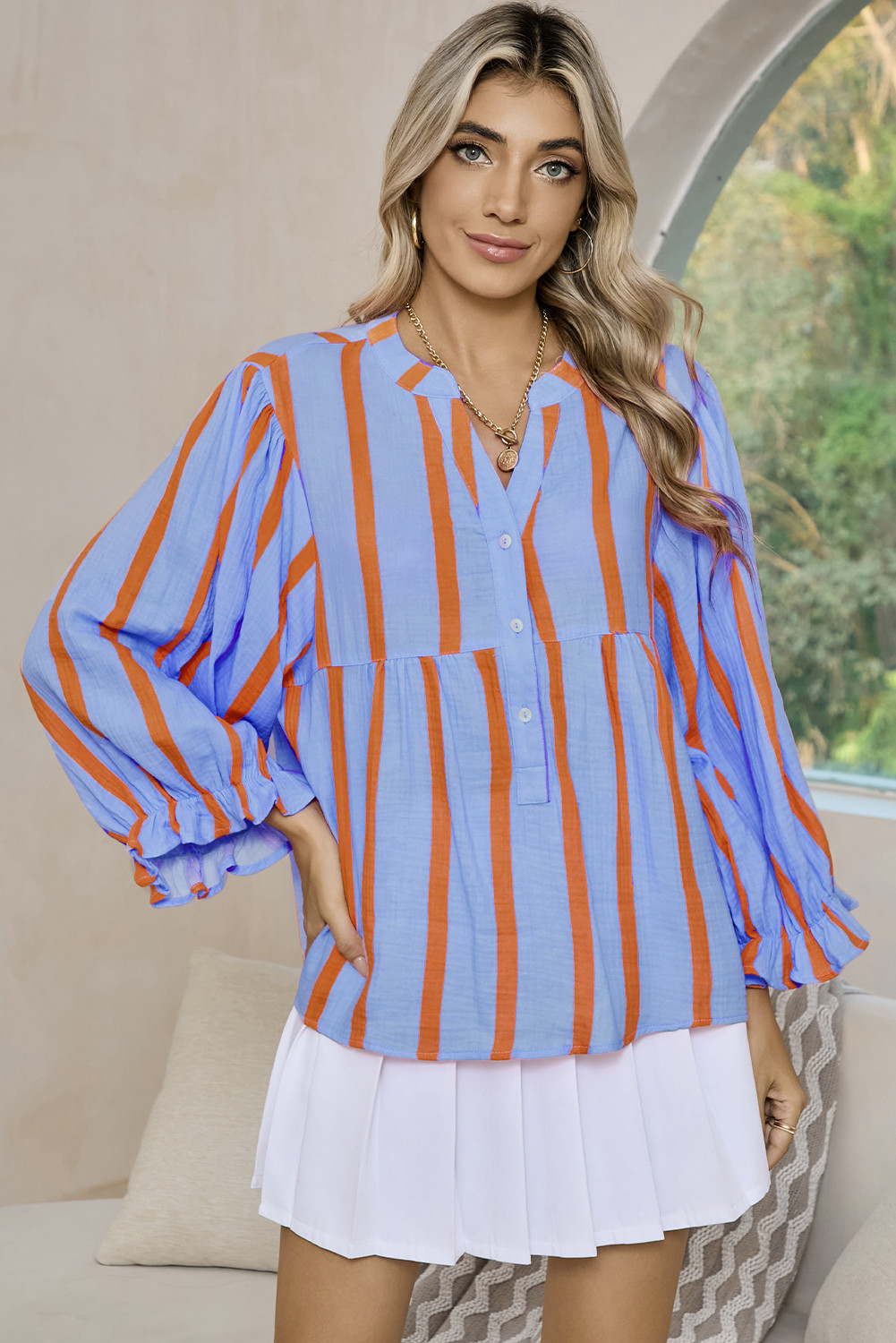 Sky Blue Stripe Crinkle Ruffle Sleeve Loose Blouse