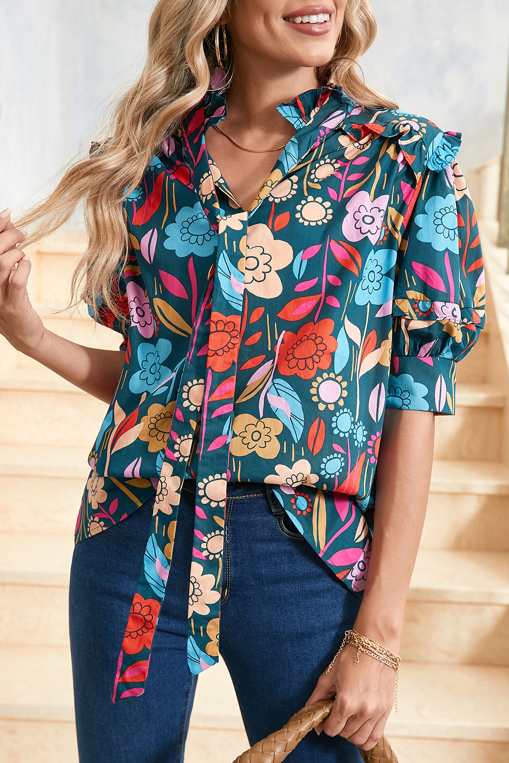 Green 60s Floral Print Puff Sleeve Tied V Neck Blouse