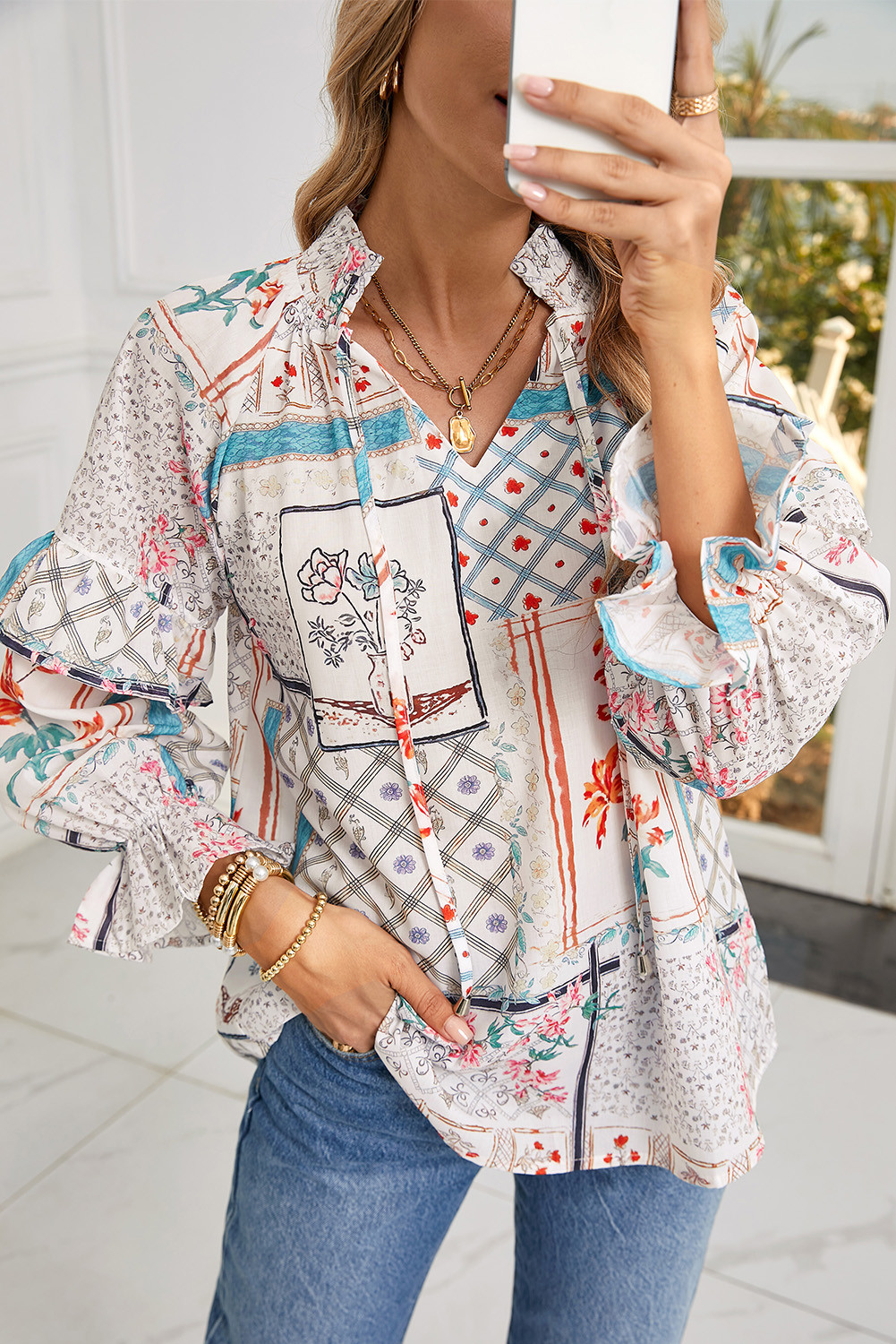 Multicolour Floral Plaid Patchwork Puff Sleeve Blouse