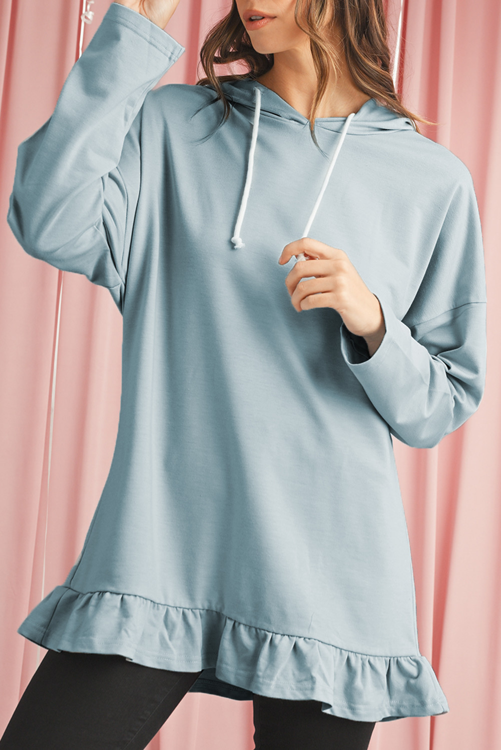 Iceland Blue Solid Ruffled Hem Loose Fit Tunic Hoodie