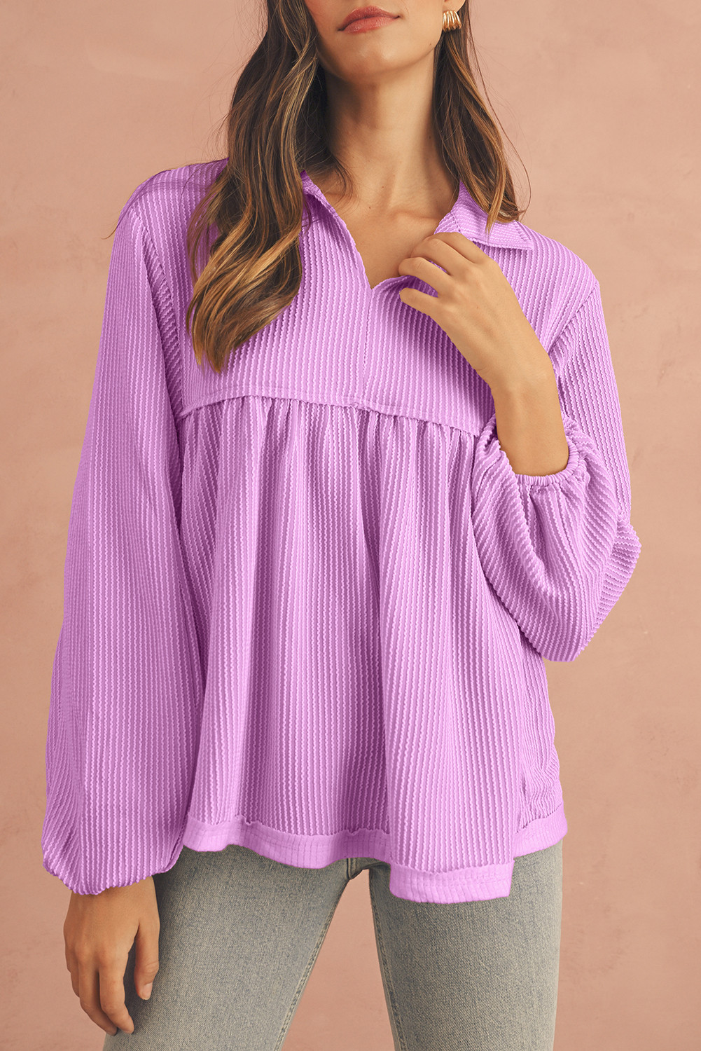 Phalaenopsis Corded Turn-down Collar Bubble Sleeve Babydoll Top