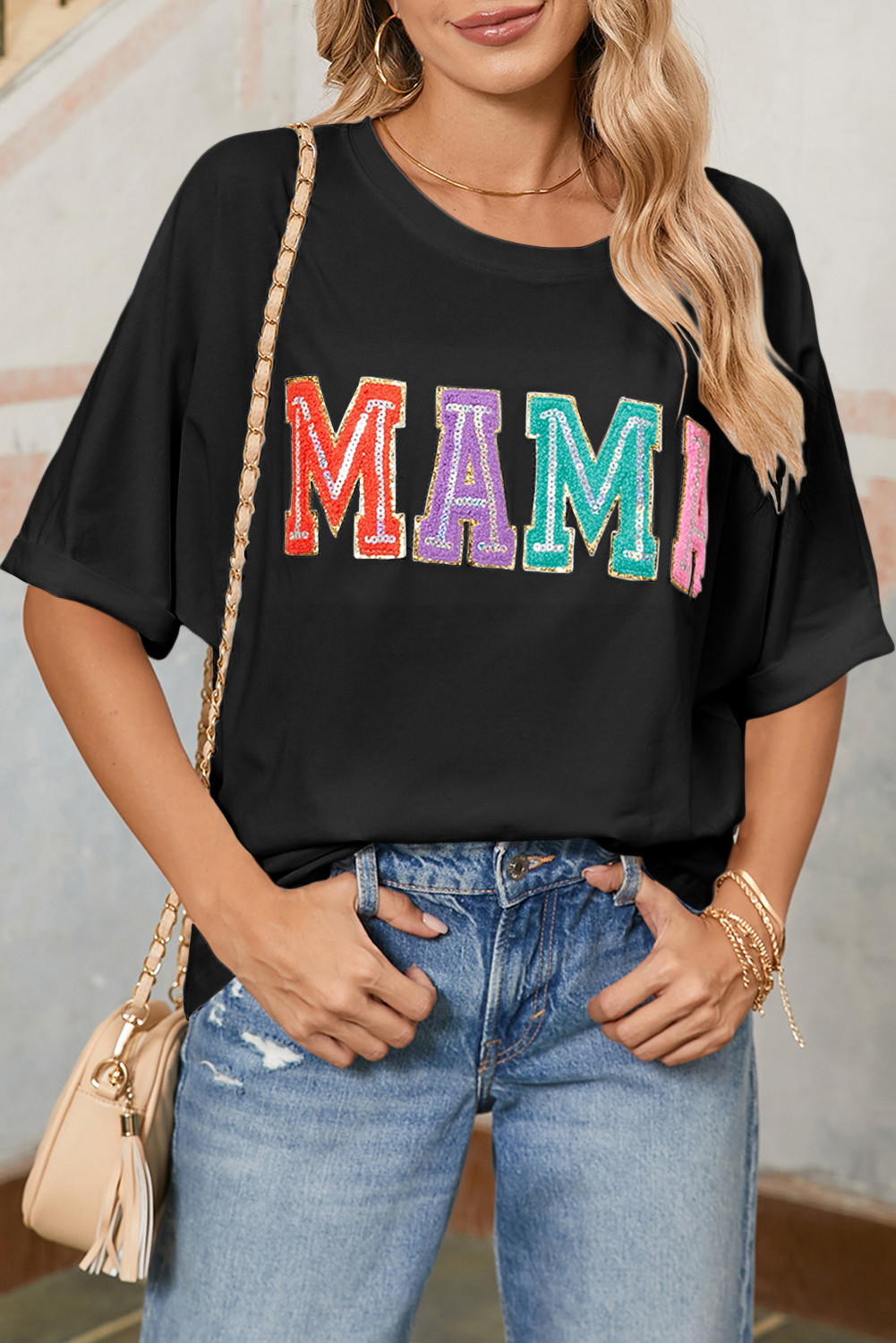Black MAMA Chenille Patched Crew Neck T Shirt