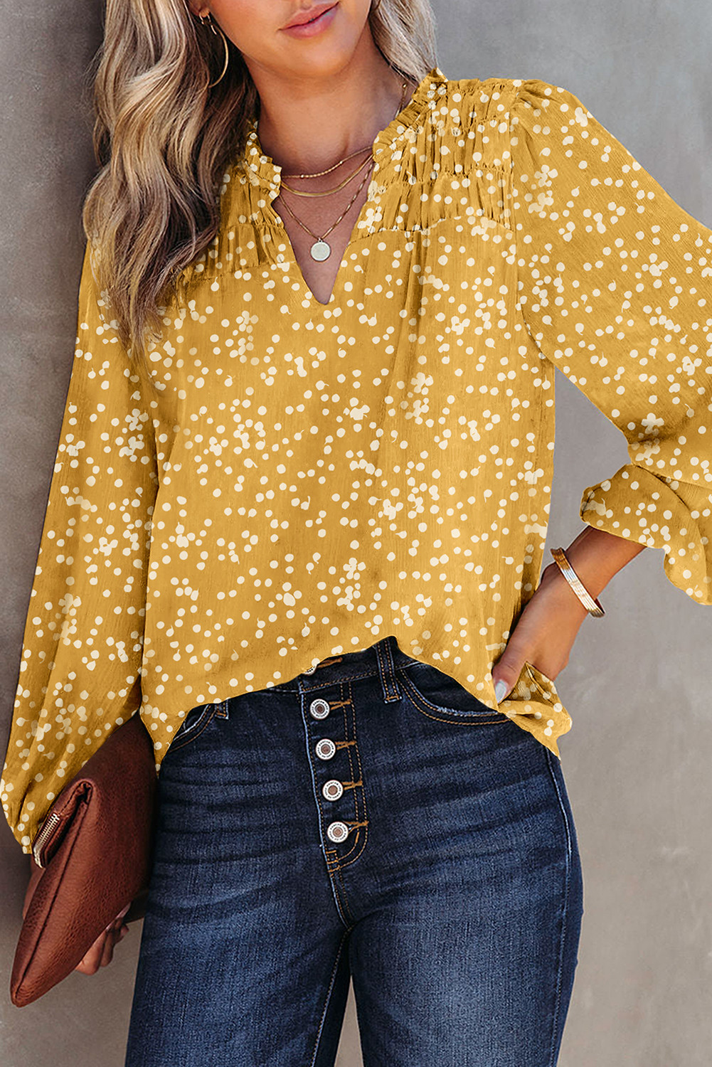 Yellow Frill Split V Neck Boho Crinkled Blouse