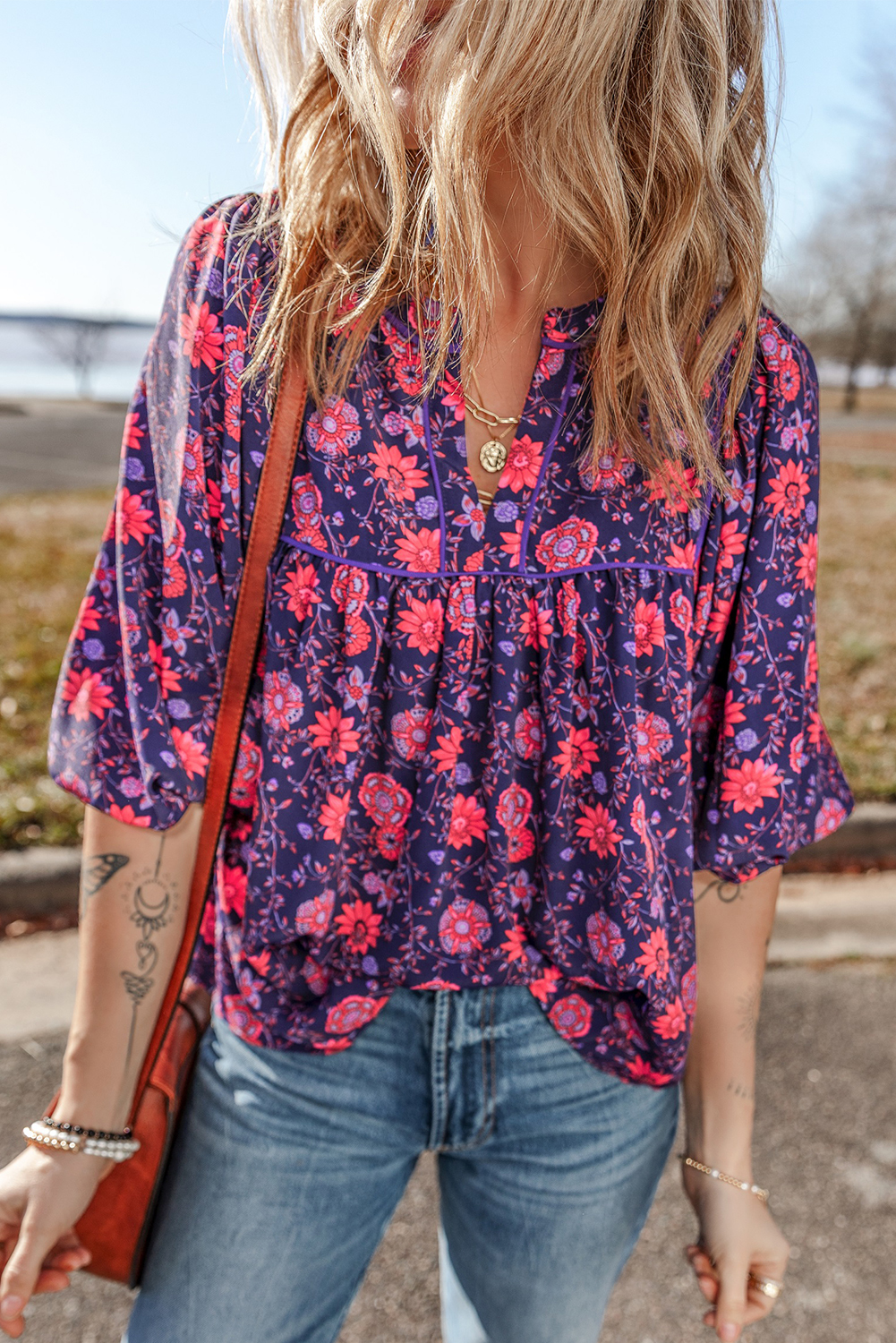 Shewin Wholesale WESTERN Purple Floral Puff Half Sleeve Split Neck Blouse