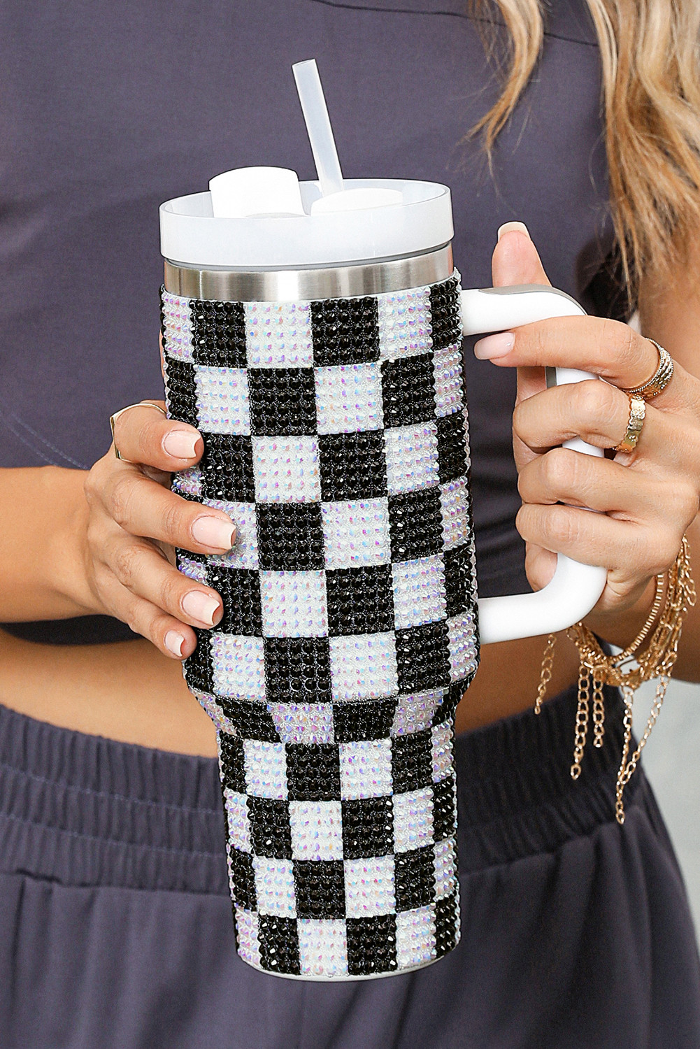 Black Rhinestone Checkered Handled Tumbler