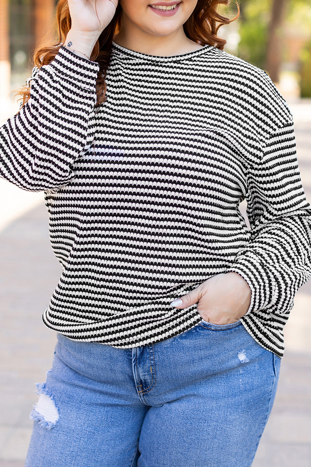 Black Striped Drop Shoulder Knit Plus Size Top